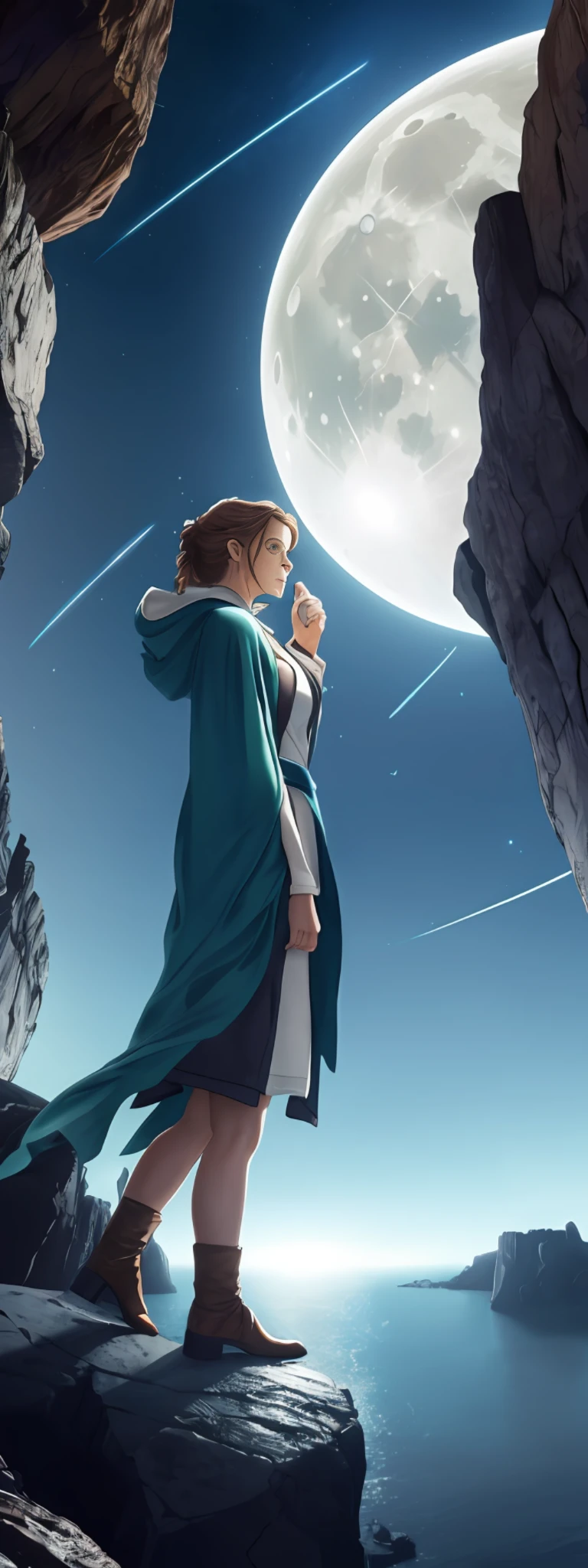 (((expansive landscape photograph with a beautiful pilot girl in torn robes))), ((a view from below that shows the sky above and the harbor space below)), (a beautiful pilot girl) standing in a harbor space looking up, (full moon: 1.2), (shooting stars: 0.9), (nebula: 1.3), distant spaceship on moon freight, production art,  (warm light source: 1.2), (Firefly: 1.2), lamp, very green and blue, complex details, volumetric lighting, realism BREAK (masterpiece: 1.2), (best quality), 4k, ultra-detailed, (dynamic composition: 1.4), highly detailed, colorful details, (iridescent colors: 1.2), (bright lighting, atmospheric lighting), dreamy, magical, (solo: 1.2)