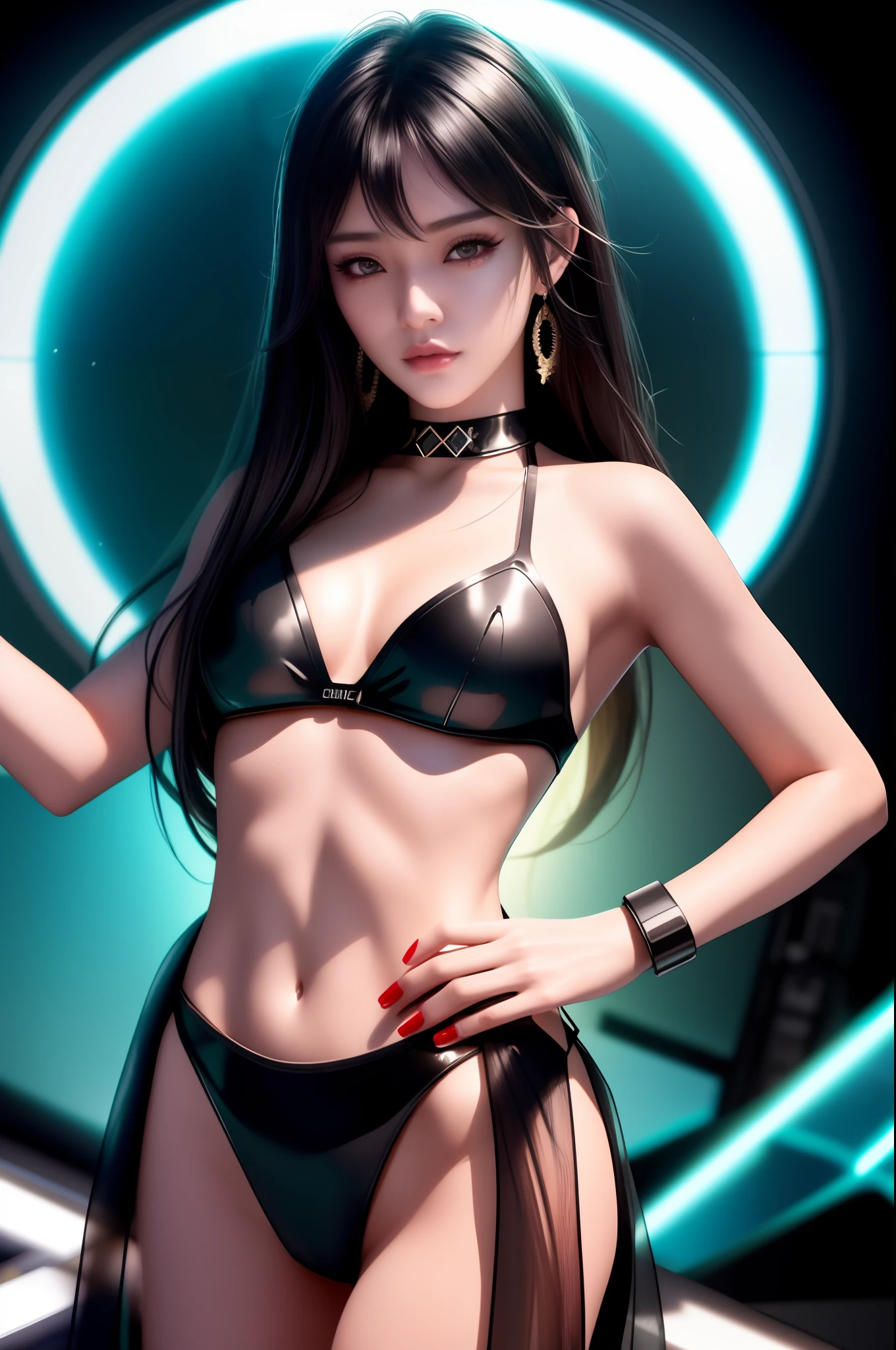 there is a woman in a black bikini posing for a picture, trending on cgstation, seductive cyberpunk dark fantasy, trending at cgstation, gorgeous chinese model, wlop glossy skin, seductive anime girl, full body xianxia, photorealistic perfect body, realistic bikini, cyberpunk 2 0 y. o model girl, artwork in the style of guweiz