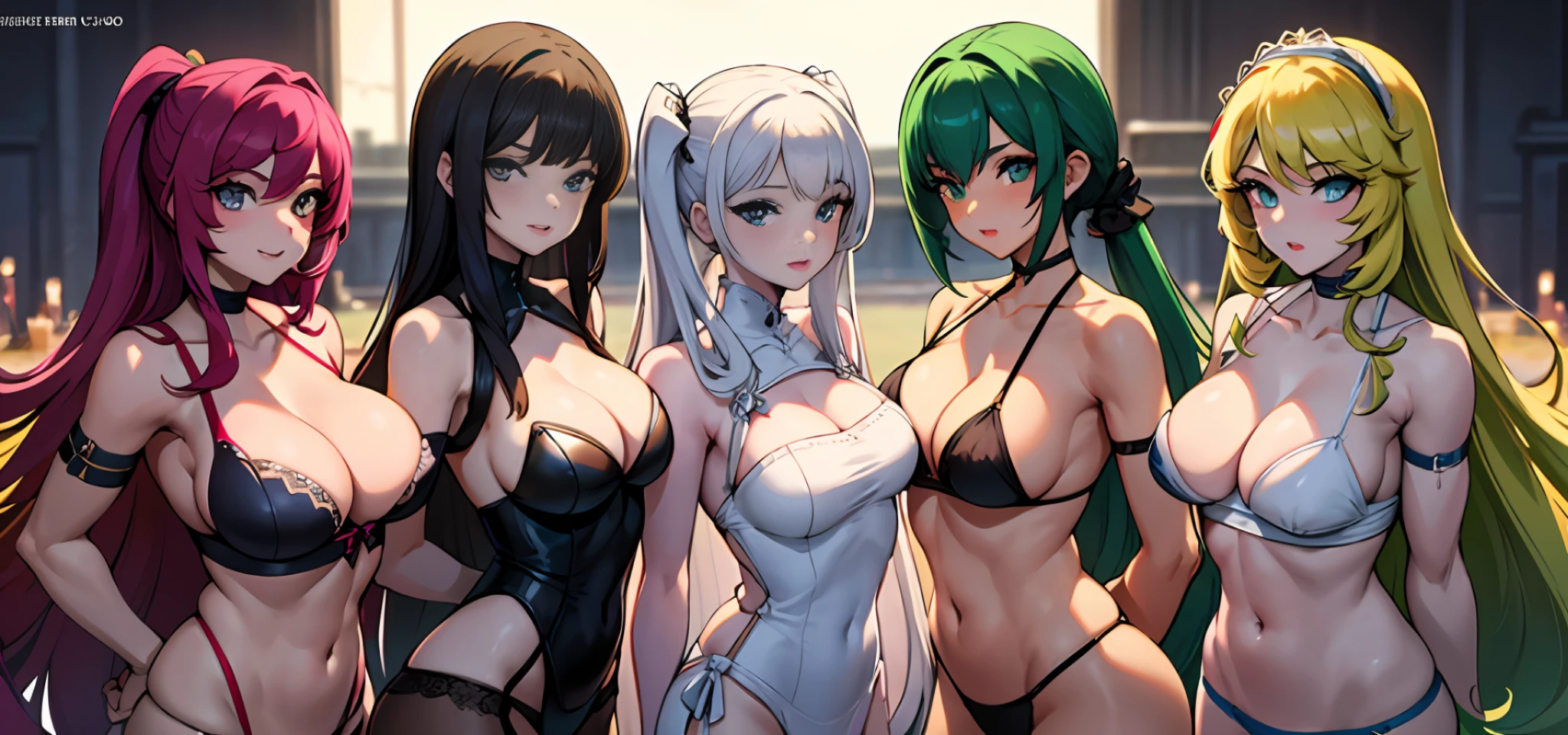 {{{masterpiece}}}, {{{{{official art}}}}}, ((best quality)), ((beautiful face)), many womans, group shot, colorful, g-string,