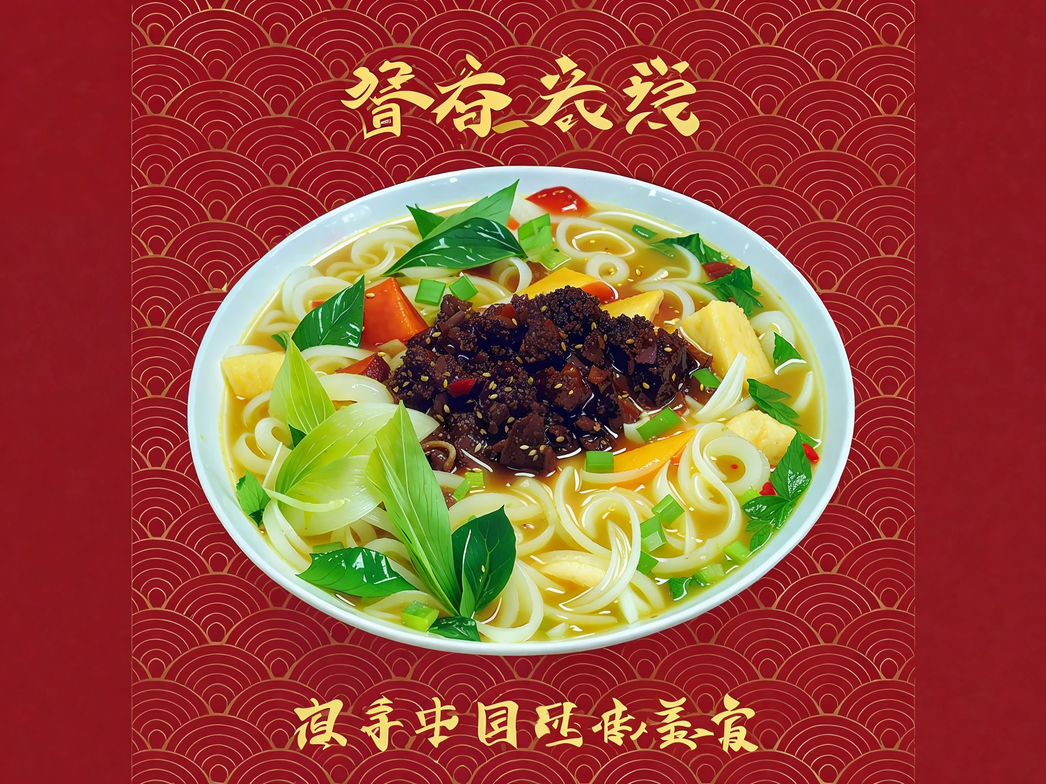 chinese food with a red background and a red background with asian writing, in style of pan ren wei, 王琛, sichuan, inspired by Wang Mian, inspired by Luo Mu, inspired by Luo Ping, nanquan, qiangshu