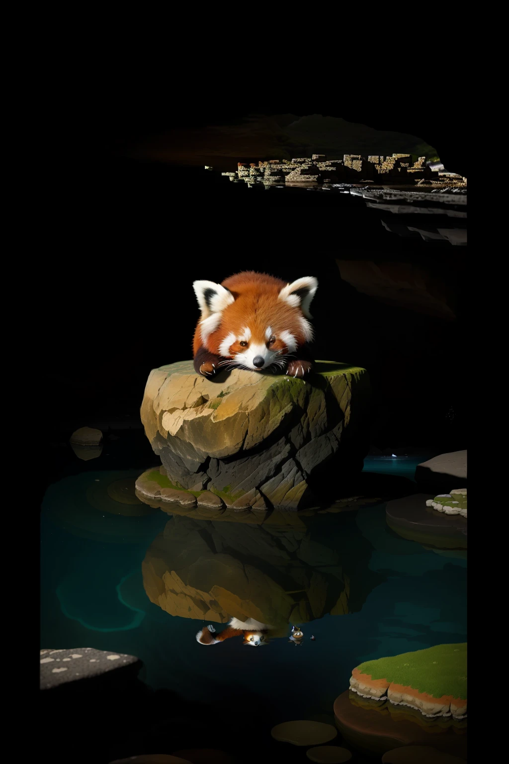 cute fluffy red panda on its back lying in the realistic water of  circular rock pool cliff  that has small  circular rock pools around it, with eyes closed isometric view,-imagine -