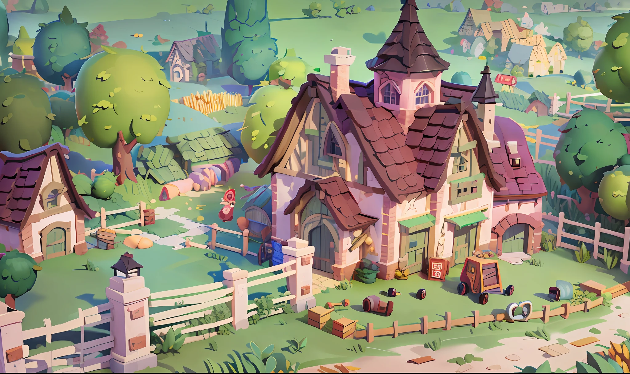 Best quality, masterpiece, cartoon, large farm building, farm fence and crops, brick walls, trees, beautiful dwelling, old design, best quality, 32k