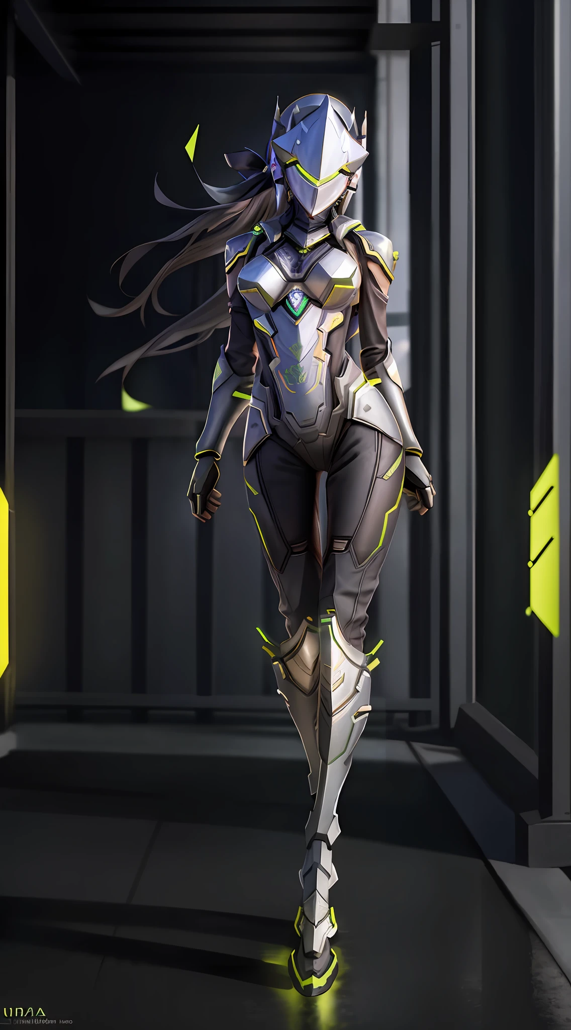 Masterpiece, Best Quality, High Resolution, 1 Girl, Ultra High Resolution, Solo, Genji, (Surreal: 1.4), Film, Particle, Octane Rendering, Strong, Background Bokeh, 85mm Shot, Full Body, Full Body, Full Body, Black Silk, Ninja Costume, Slim, No Helmet,
