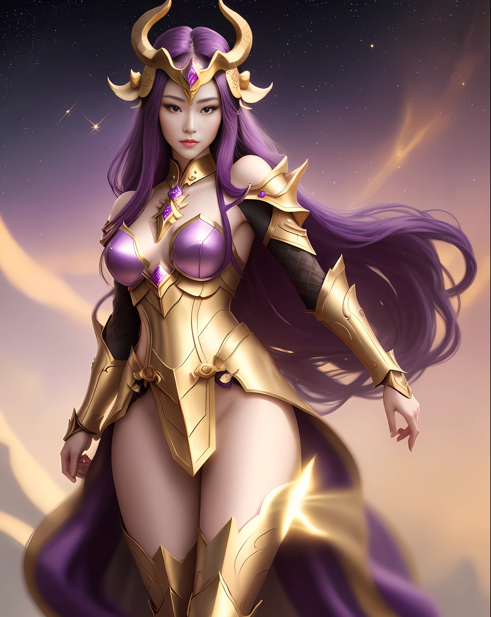 An oriental beauty with a slender figure, long purple hair and golden armor. The armor is bright and shiny gold, with a goat-shaped helmet, emphasizing the characteristics of the constellation of Capricorn. The photo shows her upper body above her thighs, with the best image quality and cinematic level, creating a truly stunning portrait image