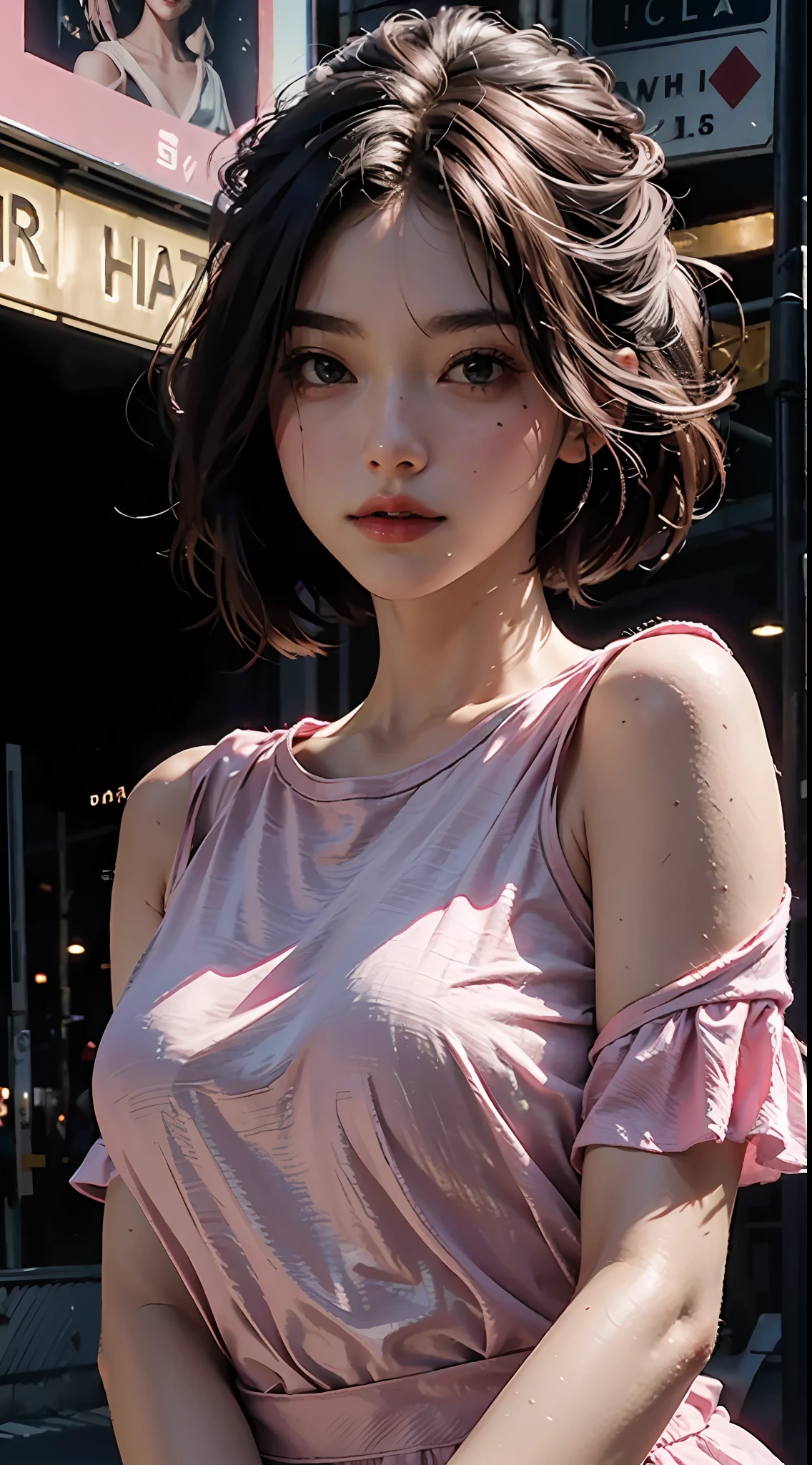 Best quality, masterpiece, super high resolution, (fidelity: 1.4), original photo, 1girl, mature, pink top, cinematic lighting