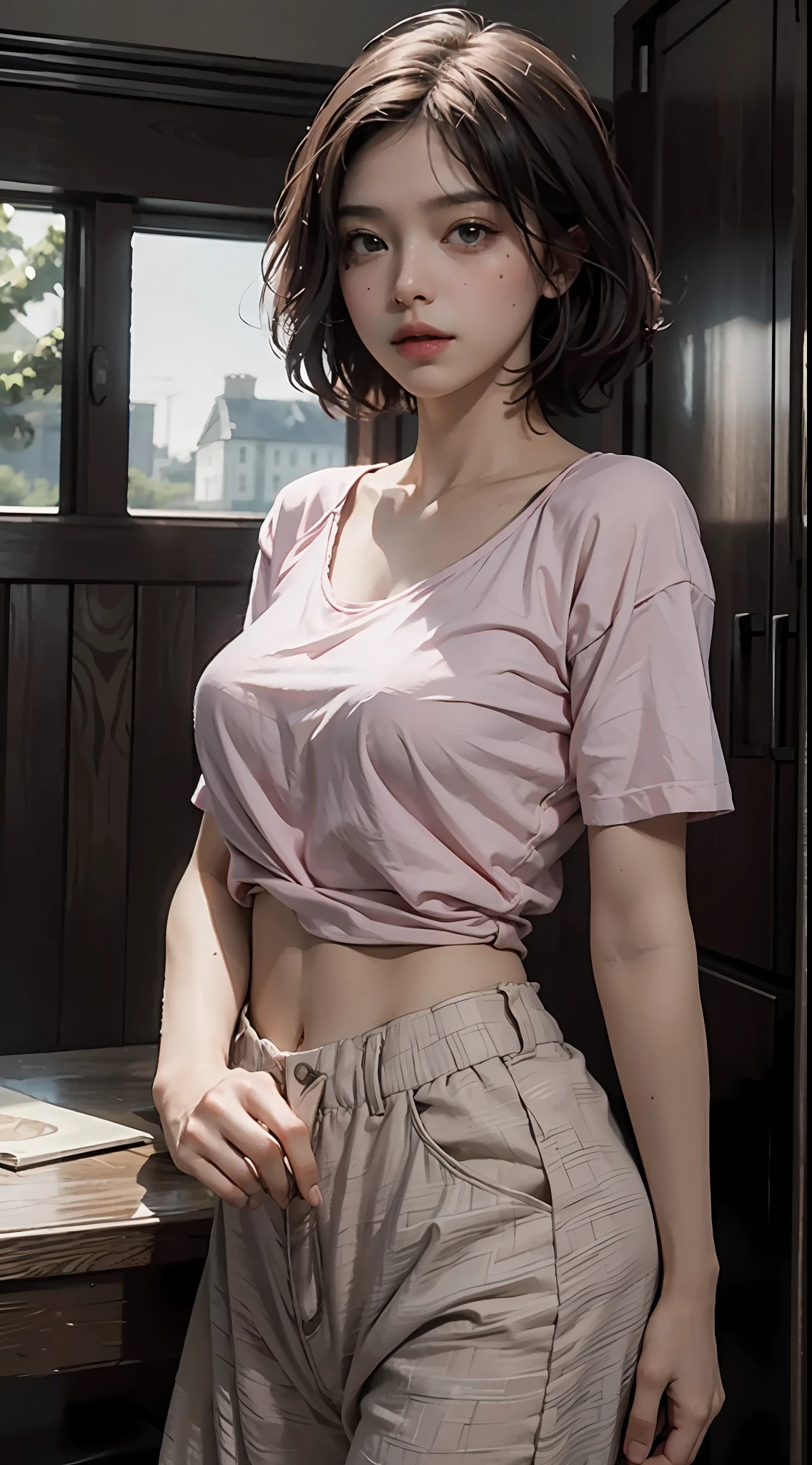 Best quality, masterpiece, super high resolution, (fidelity: 1.4), original photo, 1girl, mature, pink top, cinematic lighting