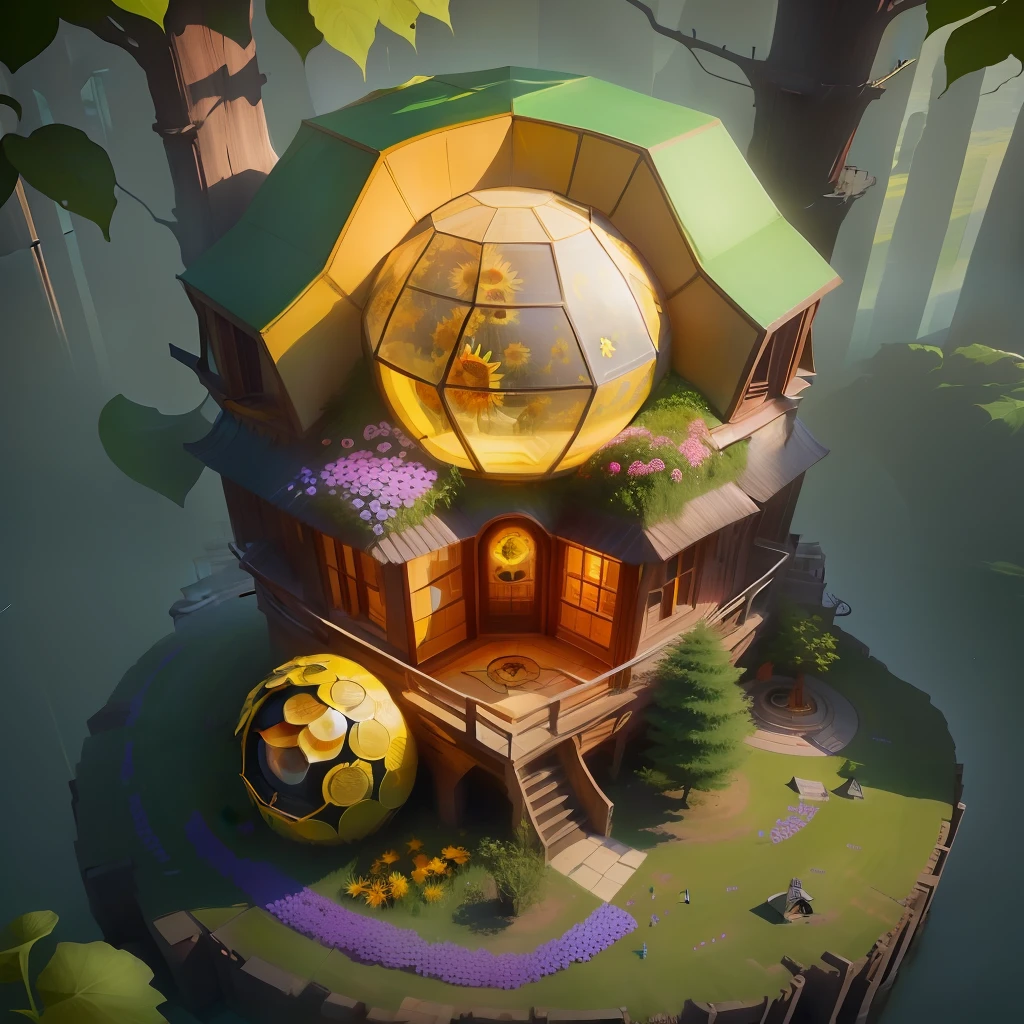 A round building that looks like a face with a single sunflower blooming