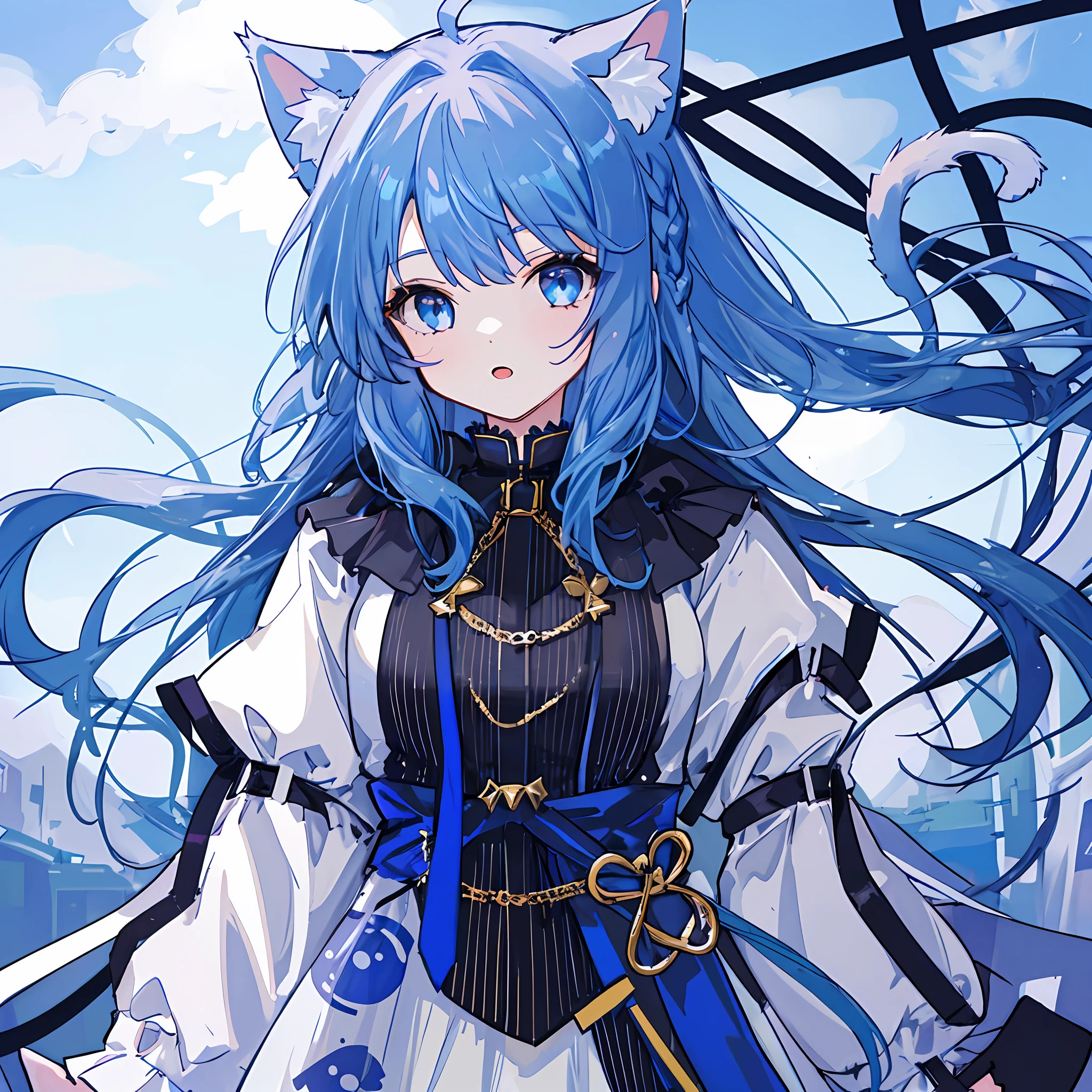 1 girl, cat ears, long hair, blue hair