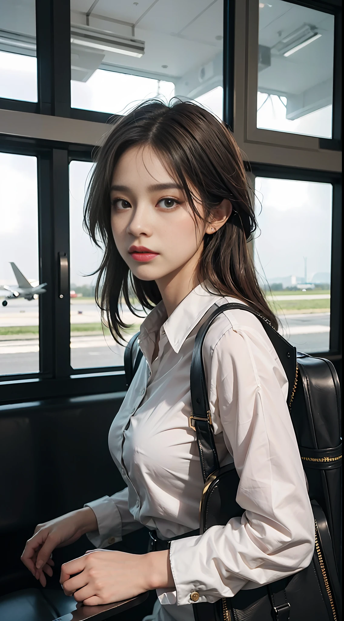 Masterpiece, best quality, Ultra HD, very, best quality,
bust, (straight: 1.2), upper body,
An extremely delicate and beautiful girl, anxious,
(to the audience: 1.2), perspective,
Short
Flight attendant uniform, airport, suitcase, run
, detailed background,