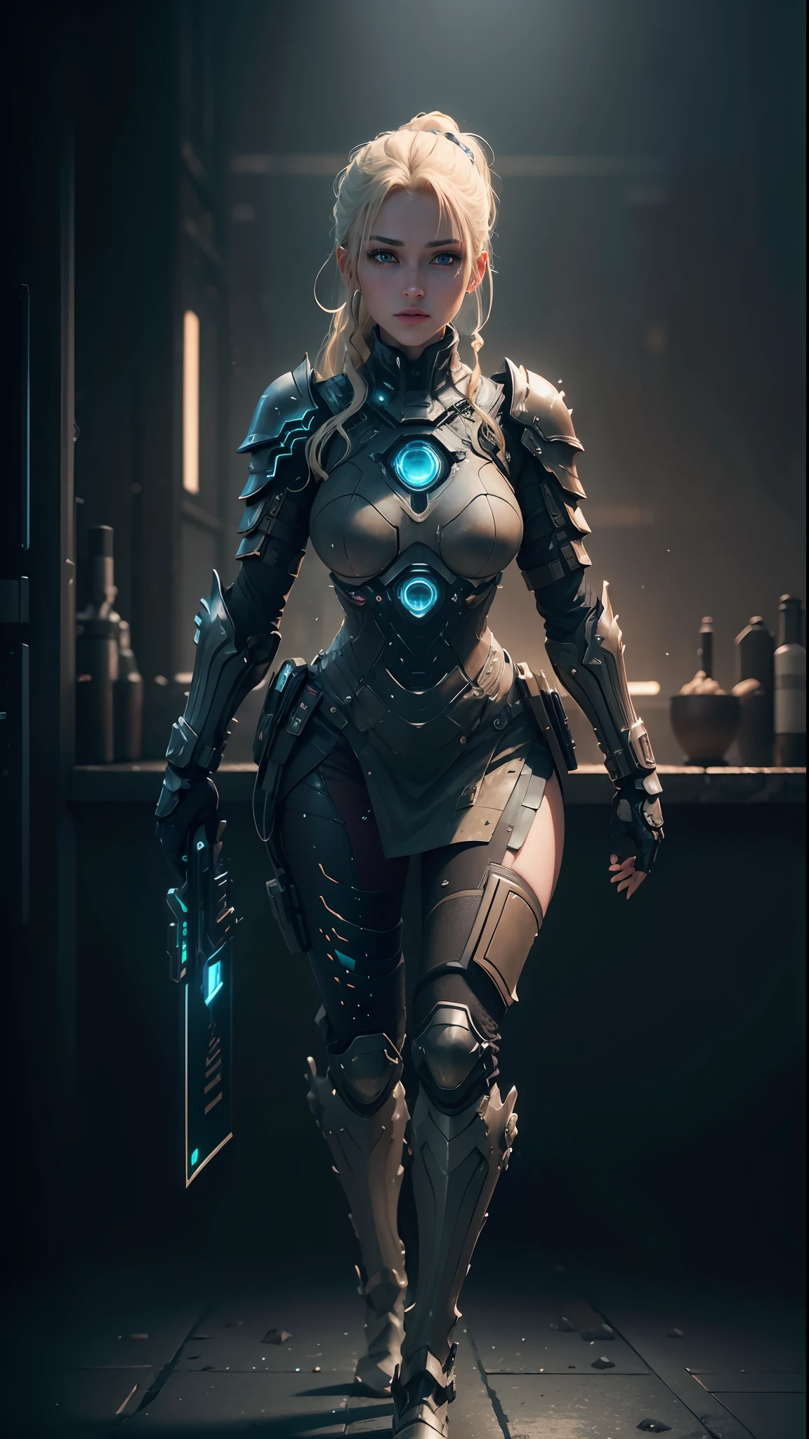 ((Best quality)), ((masterpiece)), (detailed:1.4), 3D, an image of a beautiful blonde cyberpunk female in a black armour,HDR (High Dynamic Range),Ray Tracing,NVIDIA RTX,Super-Resolution,Unreal 5,Subsurface scattering,PBR Texturing,Post-processing,Anisotropic Filtering,Depth-of-field,Maximum clarity and sharpness,Multi-layered textures,Albedo and Specular maps,Surface shading,Accurate simulation of light-material interaction,Perfect proportions,Octane Render,Two-tone lighting,Wide aperture,Low ISO,White balance,Rule of thirds,8K RAW