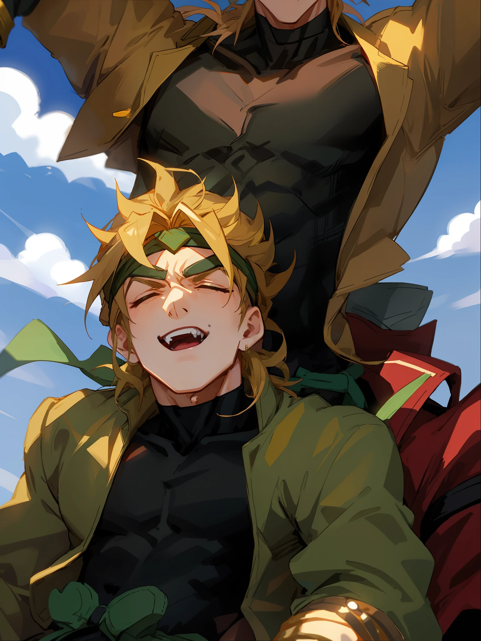 dio,
jacket,
pants,
headband,
vampire, napping, eyes closed