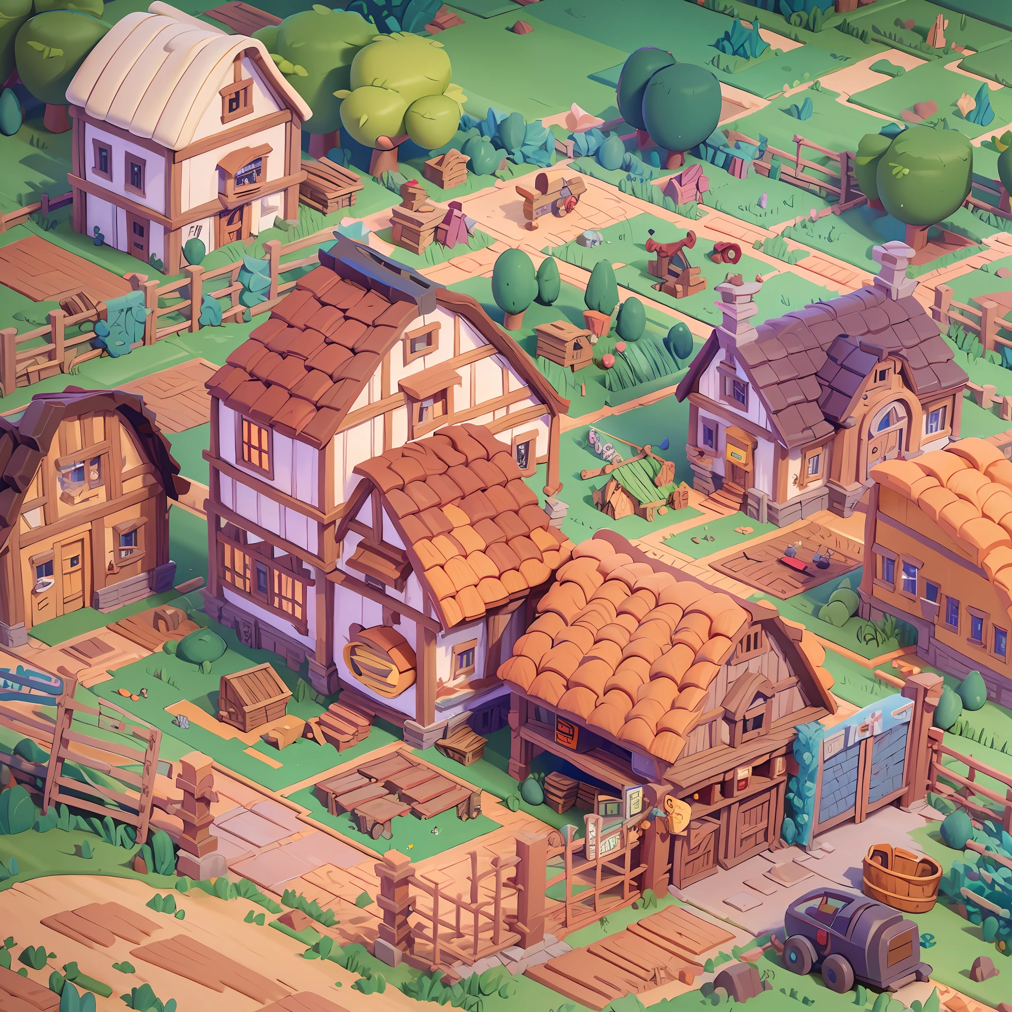 Game architectural design, cartoon, town, stone, brick, meadow, river, flowers, casual game style, 3d, blender, masterpiece, super detail, best quality