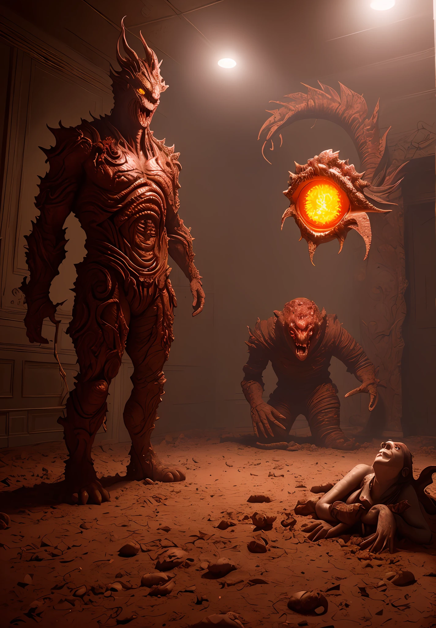 Surrealism, cinematic lighting, UHD,A statue with bright eyes, a monster, in a room filled with a mixture of reddish brown blood and feces on the ground