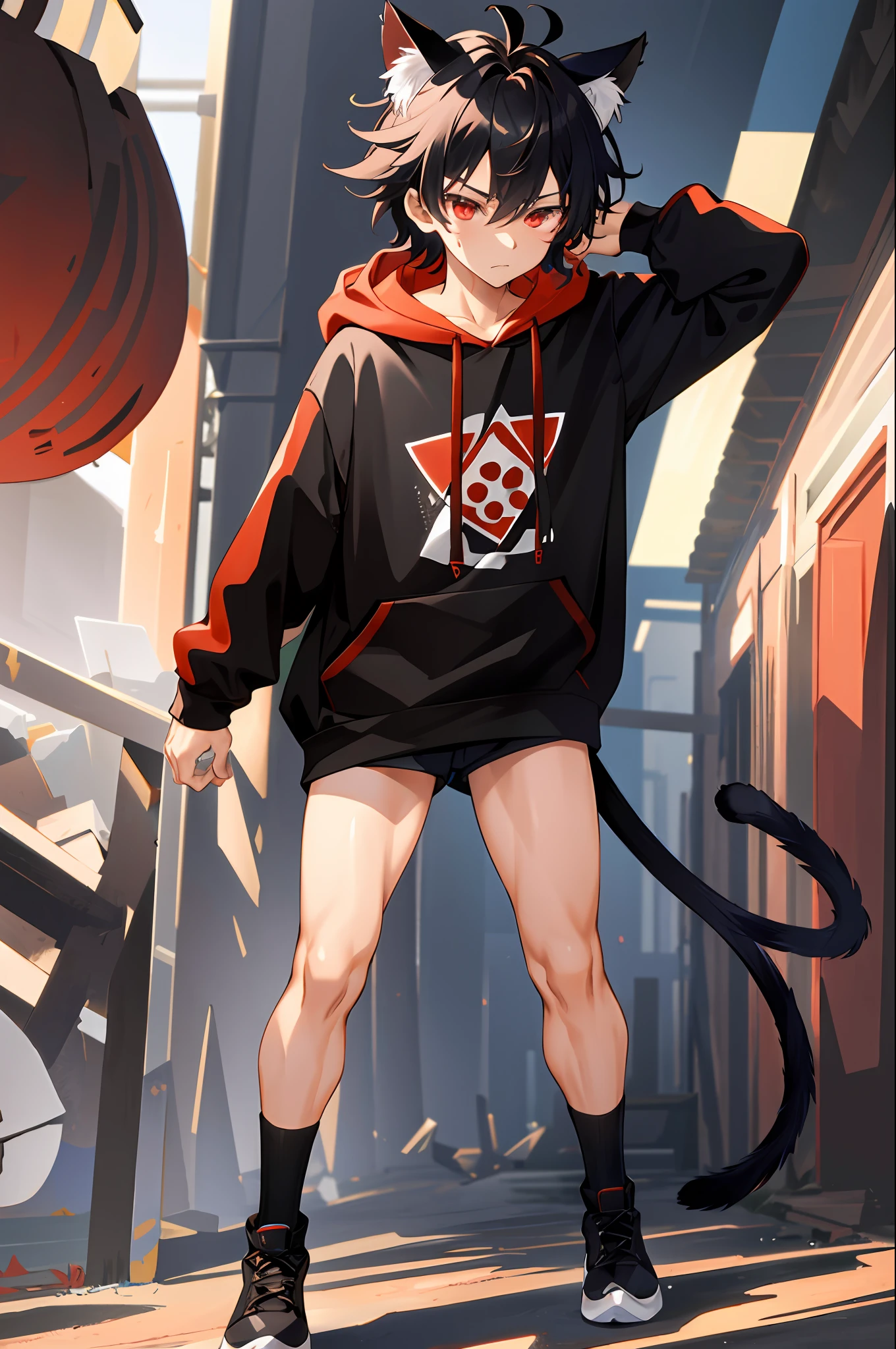 one boy, toned, flexing, sharp big cat ears, cat tail, big black messy hair, extremely vibrant red eyes, masterpiece, vibrant, slim dark black hoodie, full body view, neutral face, black thigh socks, combat boots.