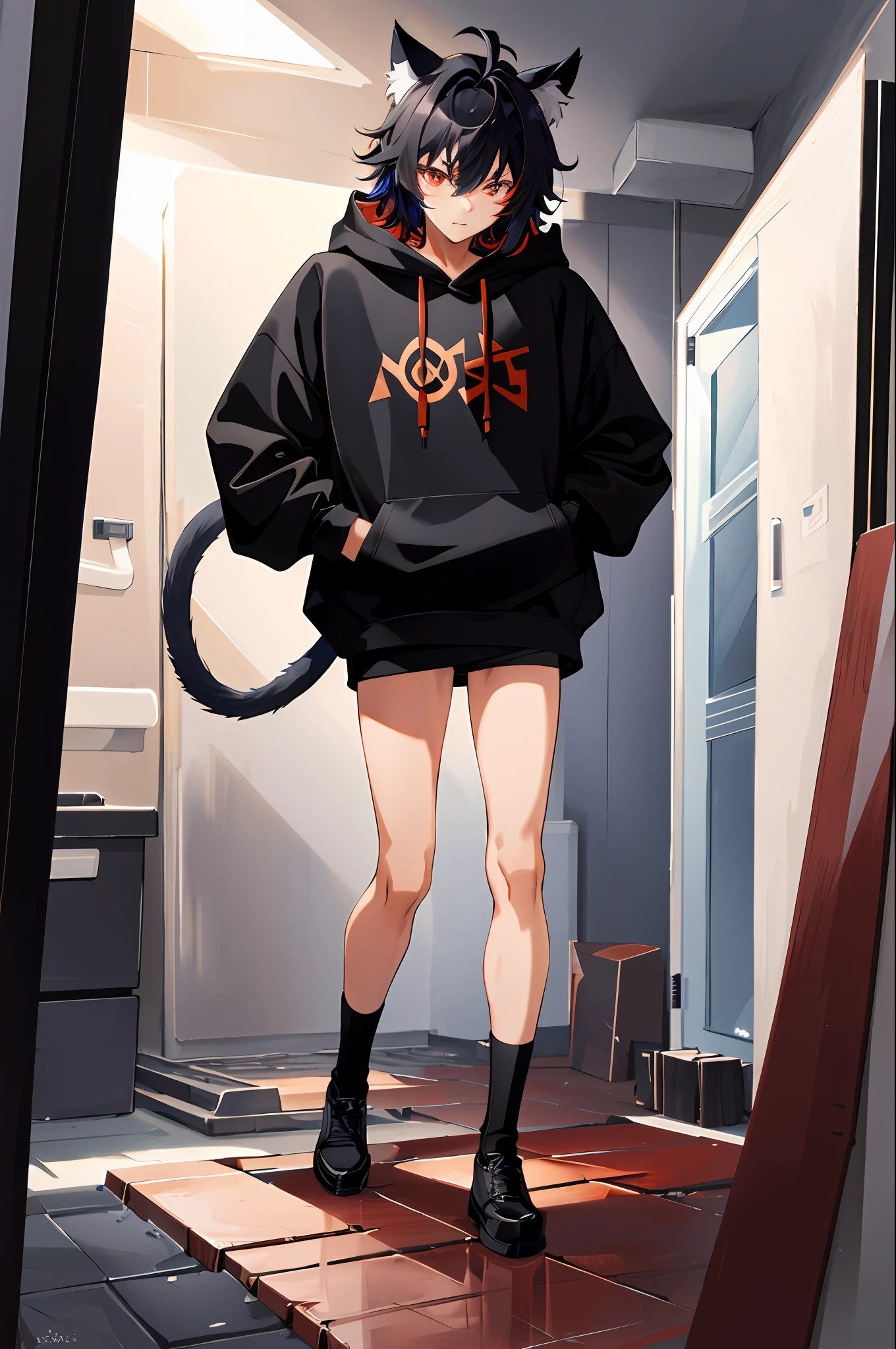 one boy, toned, flexing, sharp big cat ears, cat tail, big black messy hair, extremely vibrant red eyes, masterpiece, vibrant, slim dark black hoodie, full body view, neutral face, black thigh socks, combat boots.