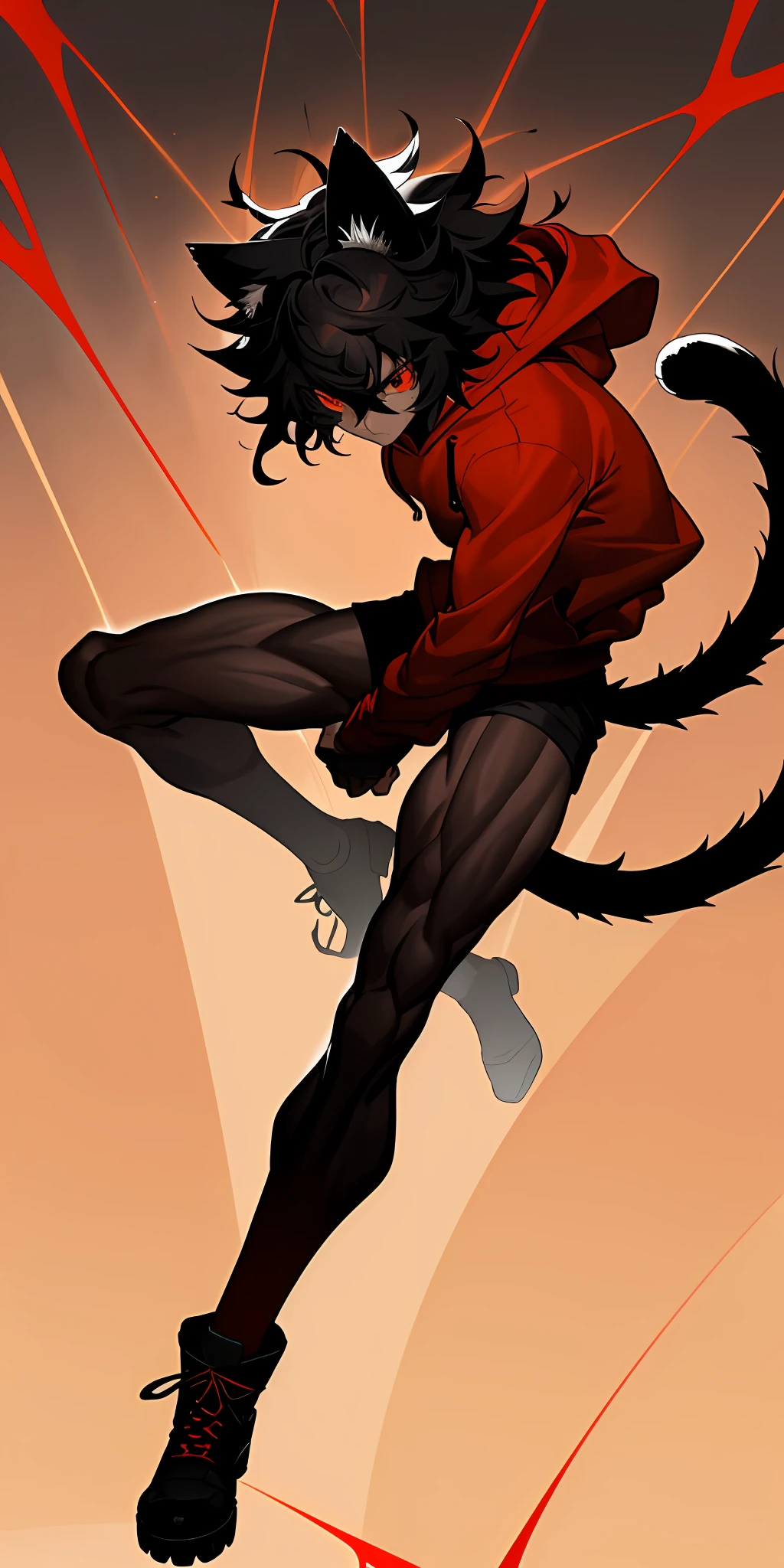 one boy, toned, flexing, sharp big cat ears, cat tail, messy hair, extremely vibrant red eyes, masterpiece, vibrant, slim dark black hoodie, full body view, neutral face, black thigh socks, combat boots.