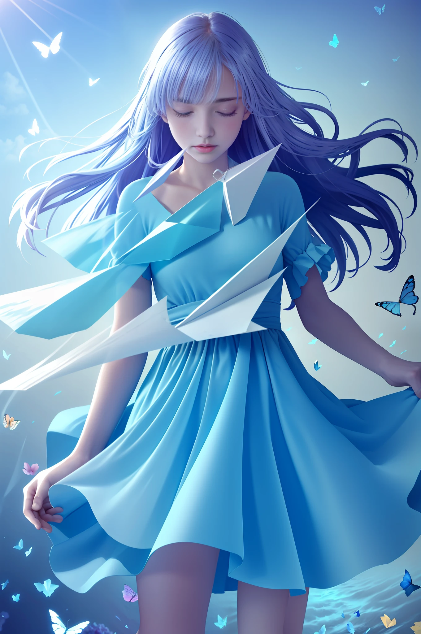 Movie stills, cloud girl, floating with many paper airplanes, bright, happy, funny, soft lighting (rendered photo of a 19 year old girl), blue gauze dress, flooded sea of flowers, butterflies flying, shiny skin, ultra HD resolution