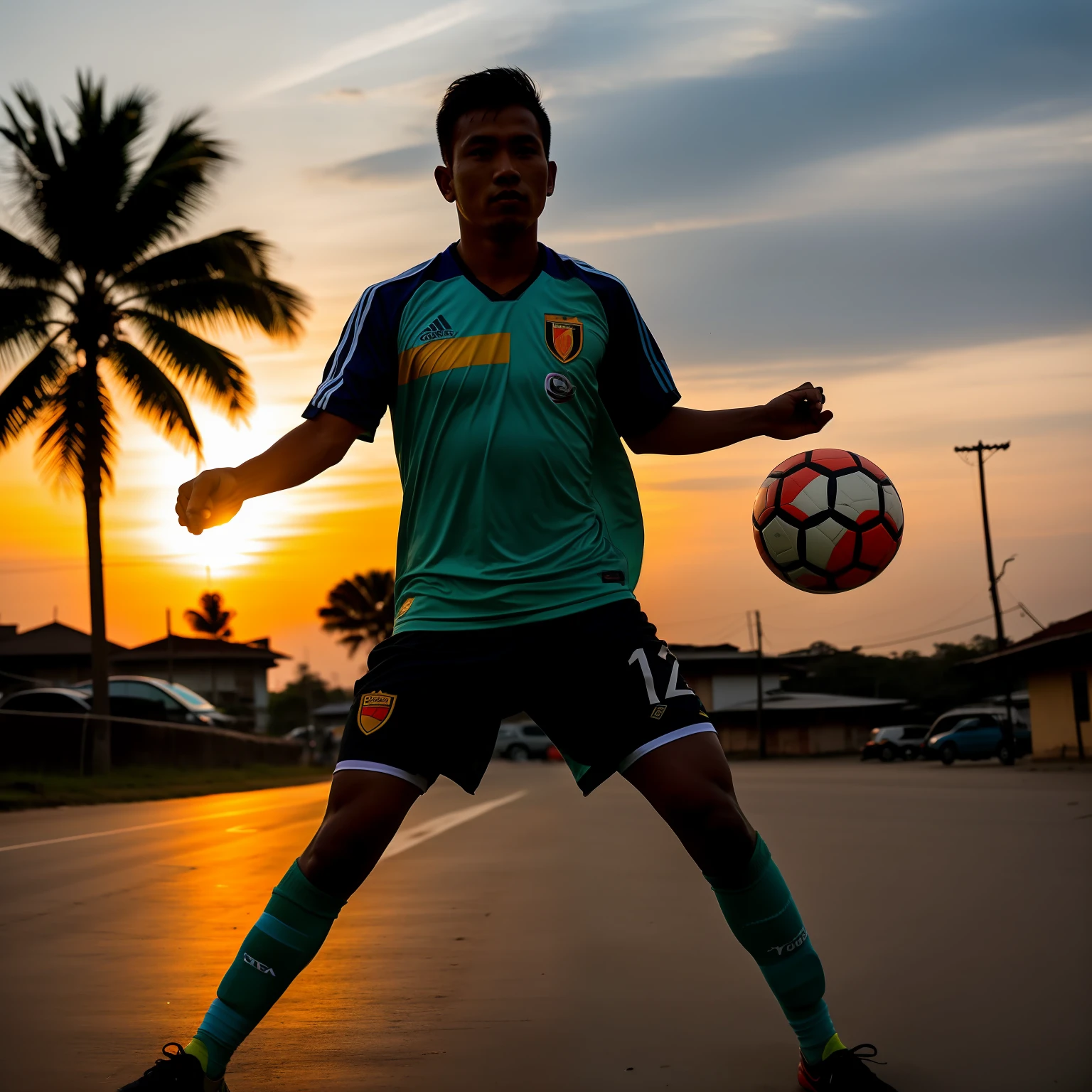 burmese,adult footballer,in street,with one football,wear football shirt,in the evening,sunset.