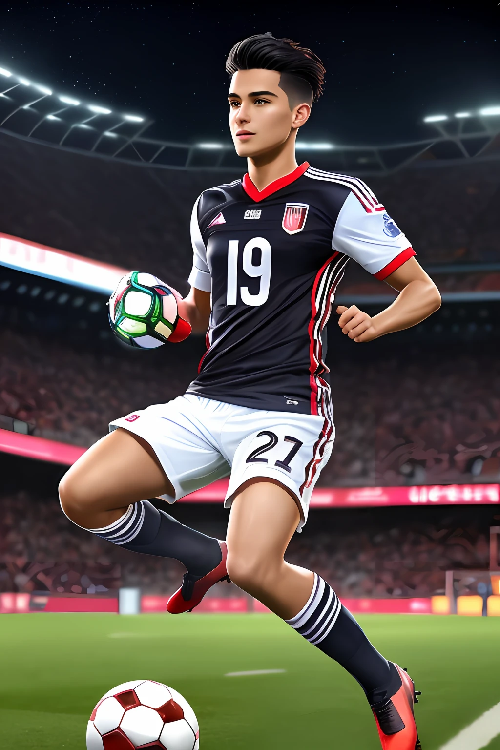 Robot, ((Best Quality, Masterpiece, Ultra High Resolution)), (Realistic: 1.4), Highly detailed, Professional lighting, Smiling, Playing Soccer, In Stadium, Black Hair, Short Wolf Haircut, Cute Eyes and Charming Lips, Wearing Tight Football Shirt, Football Shorts, Rushing to the Ball, Snowy Atmosphere, Ultra Detail Resolution Image, 8K Graphics, Large Stadium, Full Body, Ultra Close View, Night