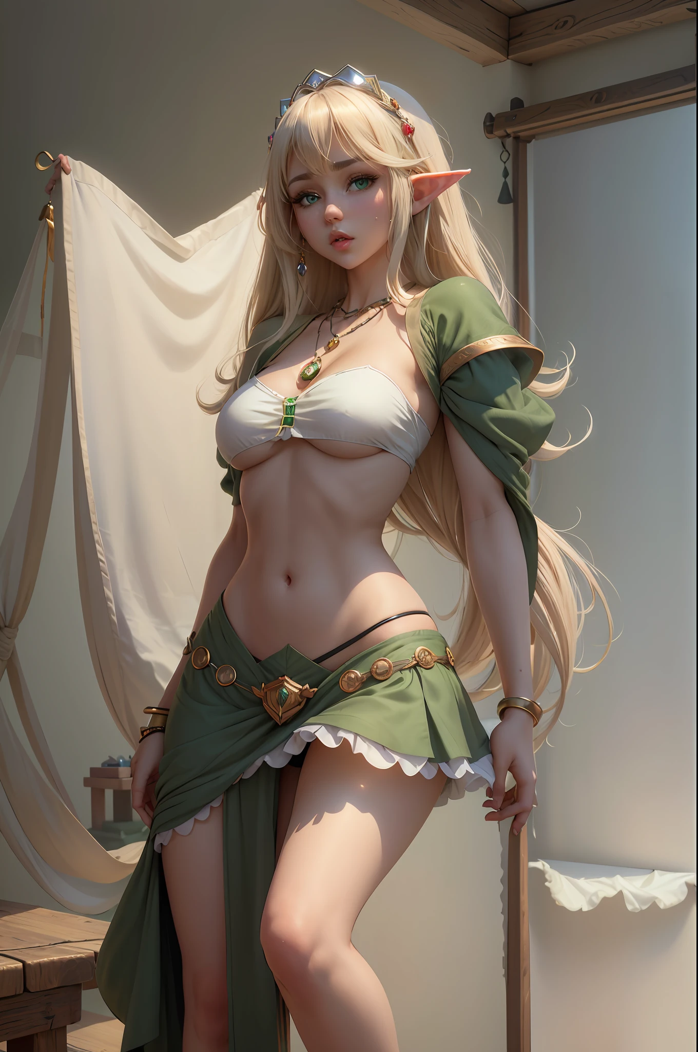 4k, beautiful, pretty face, elf girl, petite, young, 20s, (masterpiece:1.2), (best quality:1.2), (tiny waist:1.3), wide hips, necklace, perfect eyes, green eyes, perfect face, perfect lighting, (shy:1.2), introvert, looking away, blush, (1girl), medium breasts, blonde hair, white outfit, (straight hair), wide mouth, thick lips