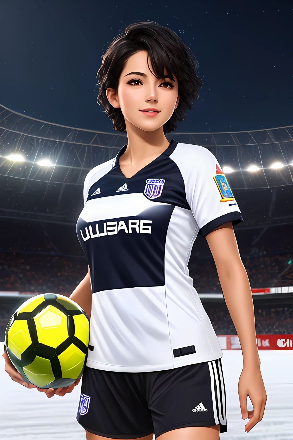 Robot, ((Best Quality, Masterpiece, Ultra High Resolution)), (Realistic: 1.4), Highly detailed, Professional lighting, Smiling, Playing Soccer, In Stadium, Black Hair, Short Wolf Haircut, Cute Eyes and Charming Lips, Wearing Tight Football Shirt, Football Shorts, Rushing to the Ball, Snowy Atmosphere, Ultra Detail Resolution Image, 8K Graphics, Large Stadium, Full Body, Ultra Close View, Night