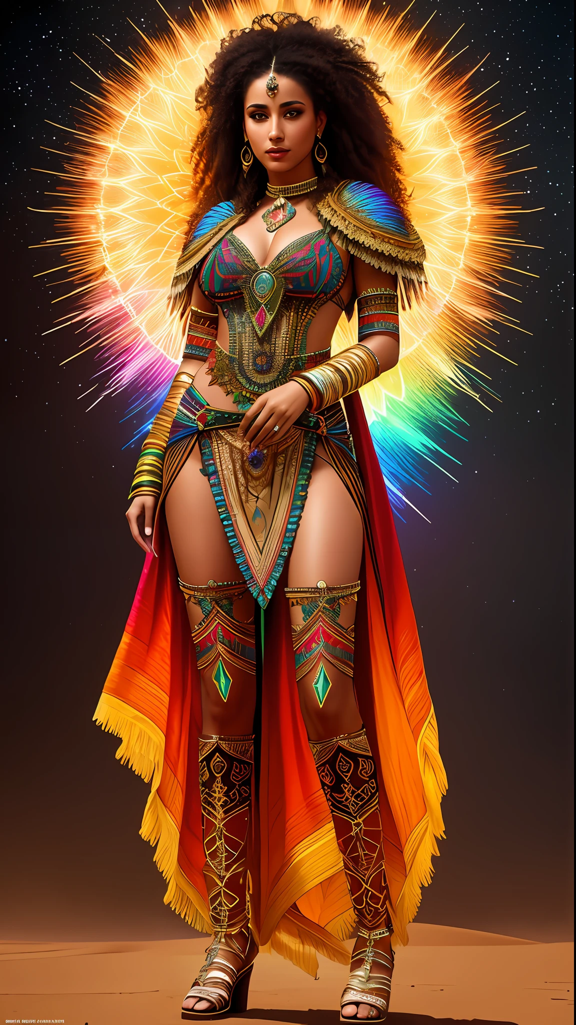 Full body photograph of the most beautiful artwork in the world, a beautiful woman in intricate costume burning in the desert, rainbow colors, ArtStation, CGSociety, complex, high detail, clear focus, dramatic, realistic pictorial art trends Greg Rutkovsky