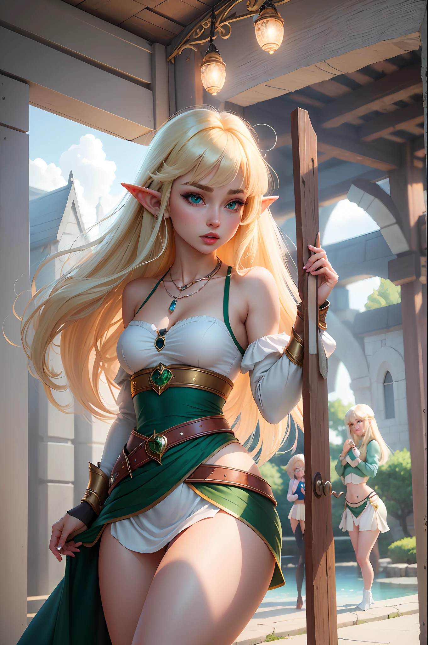 4k, beautiful, pretty face, elf girl, petite, young, 20s, (masterpiece:1.2), (best quality:1.2), (tiny waist:1.3), wide hips, necklace, perfect eyes, green eyes, perfect face, perfect lighting, (shy:1.2), introvert, looking away, blush, (1girl), medium breasts, blonde hair, white outfit, (straight hair), wide mouth, thick lips