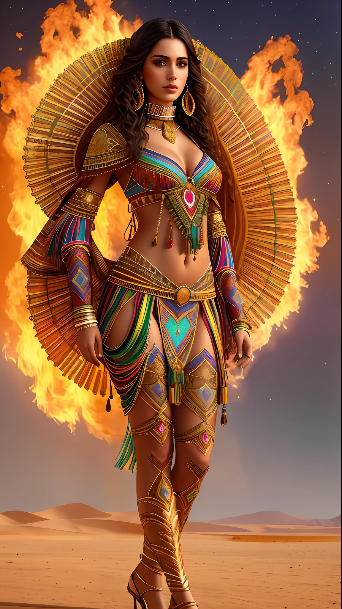 Full body photograph of the most beautiful artwork in the world, a beautiful woman in intricate costume burning in the desert, rainbow colors, ArtStation, CGSociety, complex, high detail, clear focus, dramatic, realistic pictorial art trends Greg Rutkovsky
