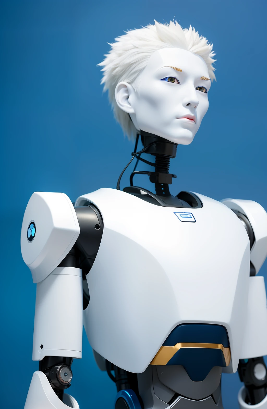 Description: Imagine and describe a detailed concept for a male robot with a human head and white hair against a backdrop of Blue Willow. Be creative and consider the overall appearance, features, and any additional elements you find interesting. Provide as much detail as possible to bring your vision to life.  Remember to include:  Physical appearance: Describe the overall body structure and proportions of the robot. How tall is it? Does it have a muscular build or a slender frame? Head and hair: Explain the design of the robot's human-like head, including the shape, facial features, and any unique characteristics. Describe the style, texture, and length of its white hair. Blue Willow backdrop: Describe the environment or setting in which the robot is placed. Consider the colors, patterns, and overall ambiance of Blue Willow, a traditional Chinese design often found on porcelain or ceramics. Additional elements: If there are any additional elements or features you'd like to incorporate into the robot's design, such as glowing eyes, intricate patterns, or accessories, provide a detailed description.