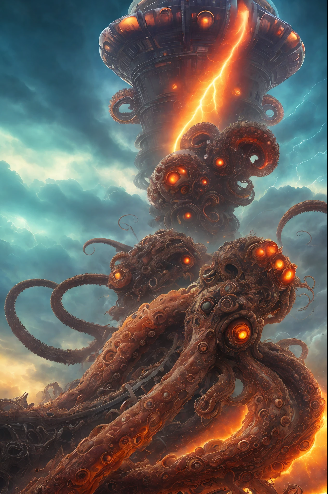 Biomechanical Octopus attack in the sky of futurist city, devastation, apocalypse, cosmic explosion in the sky, dramatic, horror art, uhd, digital art, illustration by Derek Riggs and Ed Repka