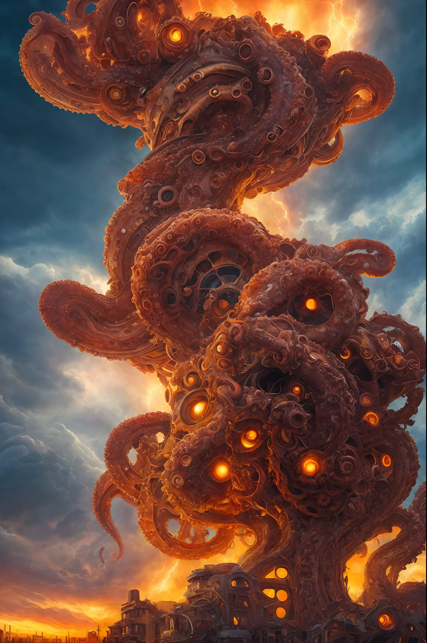 Biomechanical Octopus attack in the sky of futurist city, devastation, apocalypse, cosmic explosion in the sky, dramatic, horror art, uhd, digital art, illustration by Derek Riggs and Ed Repka