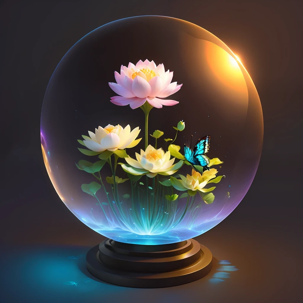 glass sphere anthill, butterflies sitting on glowing lotus flower , game design, high quality, fantasy magic 3D