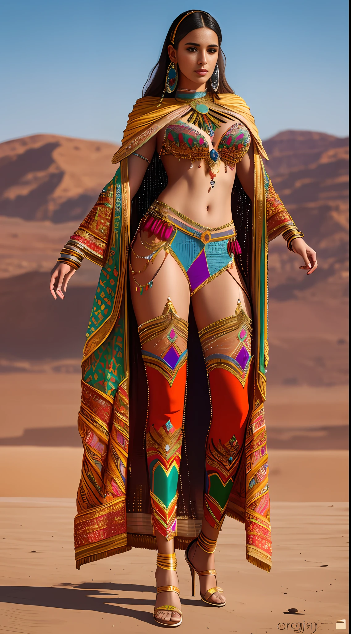 Full body photograph of the most beautiful artwork in the world, a beautiful woman in intricate costume burning in the desert, rainbow colors, ArtStation, CGSociety, complex, high detail, clear focus, dramatic, realistic pictorial art trends Greg Rutkovsky