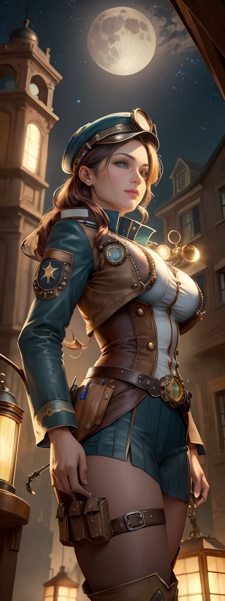 (((photograph of a gorgeous and steampunk pilot girl torn uniform)))), ((a view from below that shows the sky above)), (a gorgeous steampunk pilot girl) standing in a harbor space looking up, (full moon: 1.2), (shooting stars: 0.9), (nebula: 1.3), distant spaceship on moon freight, production art, (hot light source: 1.2), (Firefly:  1.2), lamp, very green and blue, complex details, volumetric lighting, realism BREAK (masterpiece: 1.2), (best quality), 4k, ultra-detailed, (dynamic composition: 1.4), highly detailed, colorful details, (iridescent colors: 1.2), (bright lighting, atmospheric lighting), dreamy, magical, (solo: 1.2), perfect breasts, brown vest