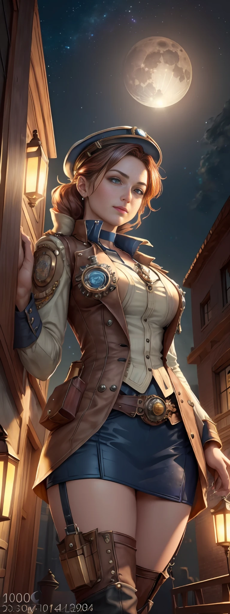 (((photograph of a gorgeous and steampunk pilot girl torn uniform)))), ((a view from below that shows the sky above)), (a gorgeous steampunk pilot girl) standing in a harbor space looking up, (full moon: 1.2), (shooting stars: 0.9), (nebula: 1.3), distant spaceship on moon freight, production art, (hot light source: 1.2), (Firefly: 1.2), lamp, very green and blue, complex details, volumetric lighting, realism BREAK (masterpiece: 1.2), (best quality), 4k, ultra-detailed, (dynamic composition: 1.4), highly detailed, colorful details, (iridescent colors: 1.2), (bright lighting, atmospheric lighting), dreamy, magical, (solo: 1.2), perfect breasts, brown vest