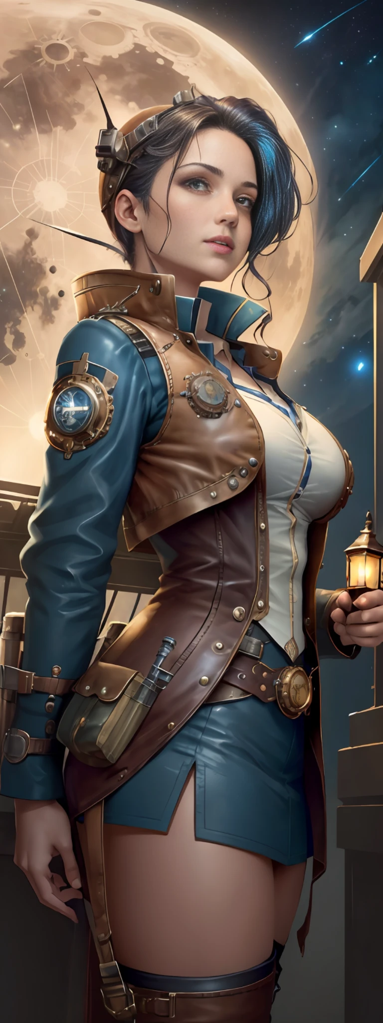 (((photograph of a gorgeous and steampunk pilot girl torn uniform)))), ((a view from below that shows the sky above)), (a gorgeous steampunk pilot girl) standing in a harbor space looking up, (full moon: 1.2), (shooting stars: 0.9), (nebula: 1.3), distant spaceship on moon freight, production art, (hot light source: 1.2), (Firefly: 1.2), lamp, very green and blue, complex details, volumetric lighting, realism BREAK (masterpiece: 1.2), (best quality), 4k, ultra-detailed, (dynamic composition: 1.4), highly detailed, colorful details, (iridescent colors: 1.2), (bright lighting, atmospheric lighting), dreamy, magical, (solo: 1.2), perfect breasts, brown vest