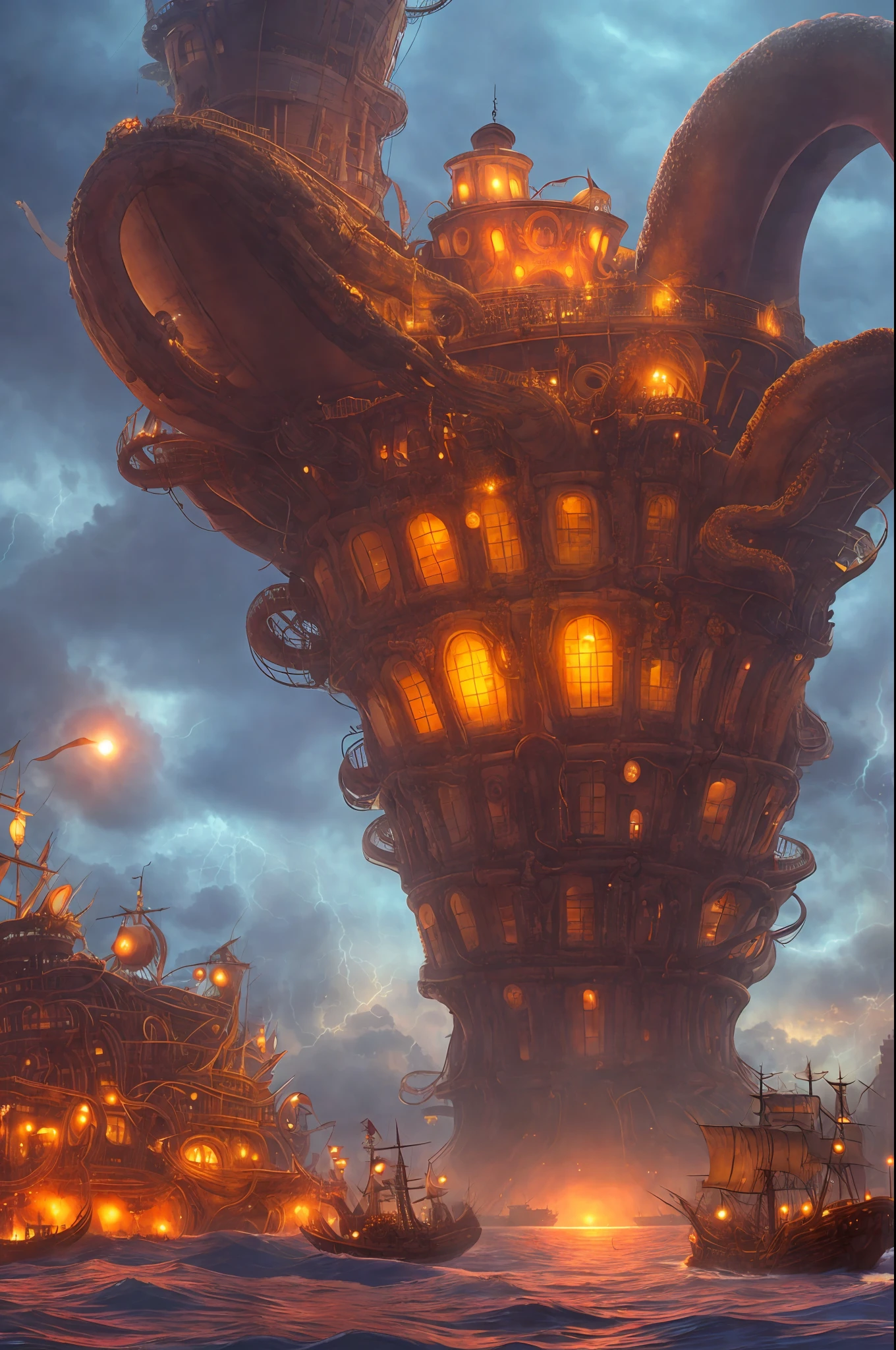 City inside a giant octopus with pirate cannons and a storm
