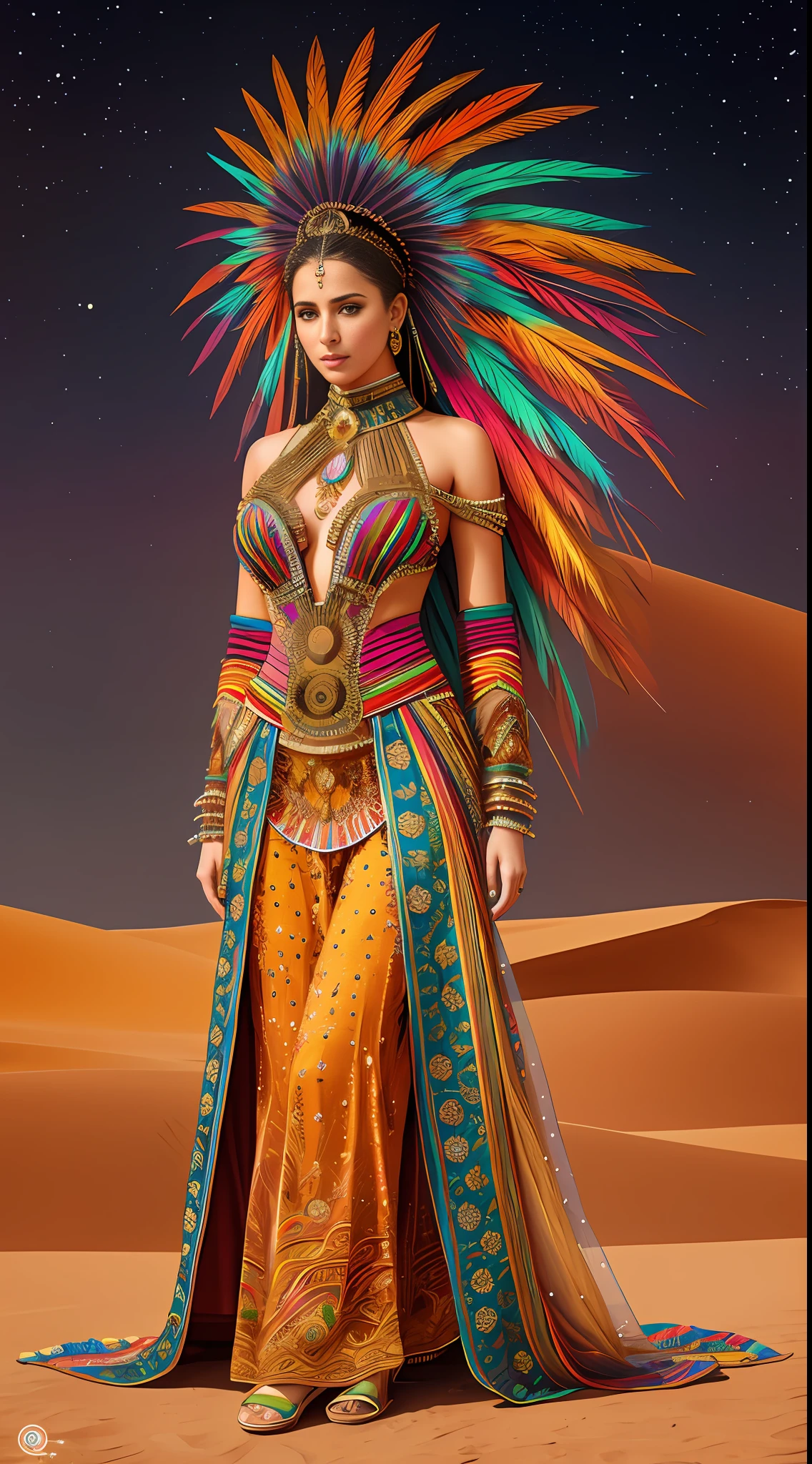 Full body photograph of the most beautiful artwork in the world, a beautiful woman in intricate costume burning in the desert, rainbow colors, ArtStation, CGSociety, complex, high detail, clear focus, dramatic, realistic pictorial art trends Greg Rutkovsky