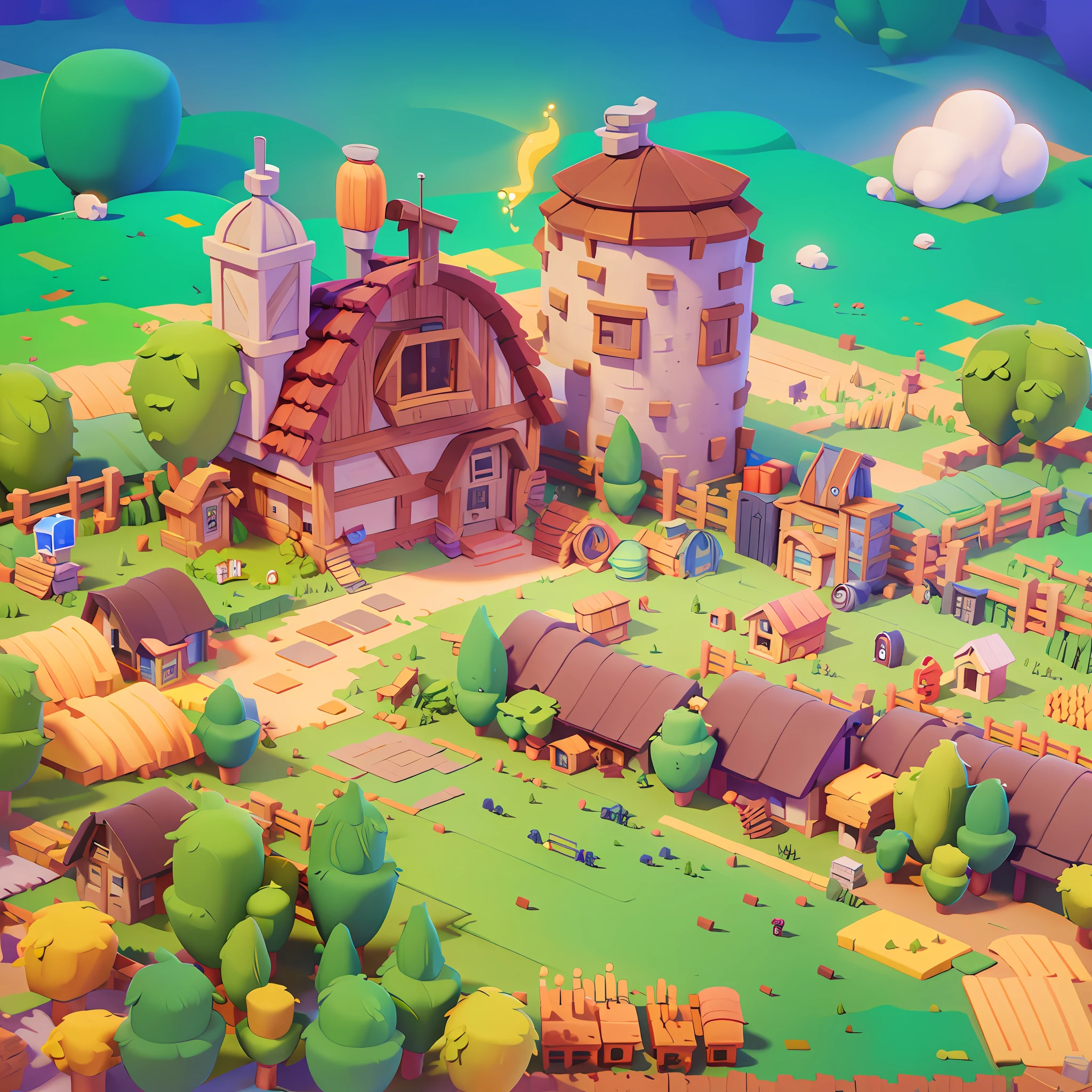 Game architectural design, cartoon, town, stone, brick, meadow, river, flowers, casual game style, 3d, blender, masterpiece, super detail, best quality