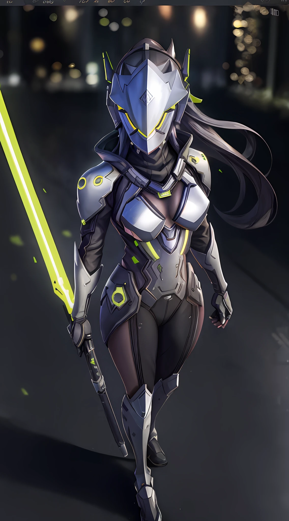 Masterpiece, Best Quality, High Resolution, 1 Girl, Solo, Genji, (Surreal: 1.4), Film, Particle, Octane Rendering, Background Bokeh, 85mm Shot, Full Body, Black Silk, Ninja Costume, Slim, No Helmet,