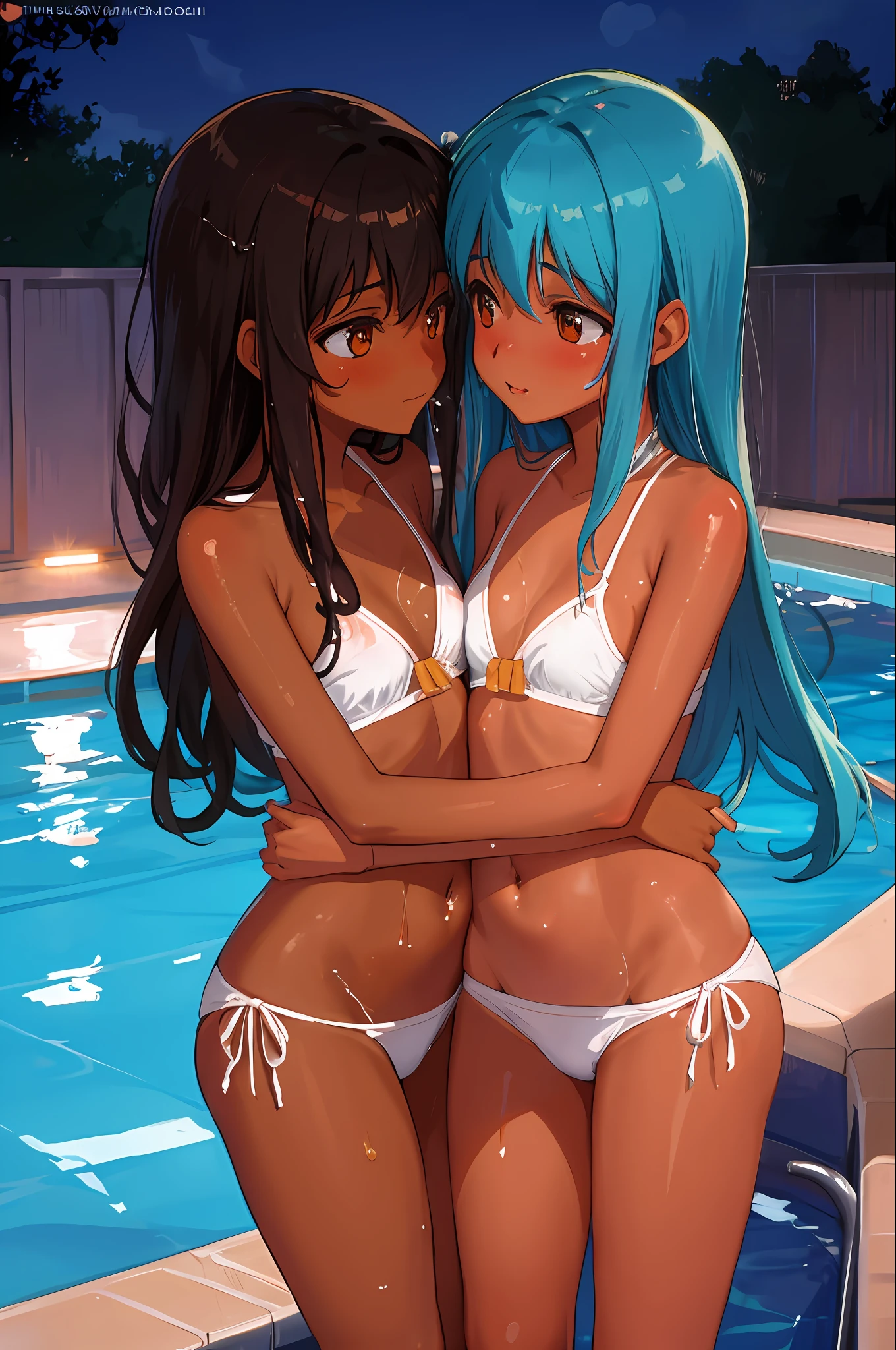 two cute wet tanned girls at the pool, navel kissing, detailed lighting