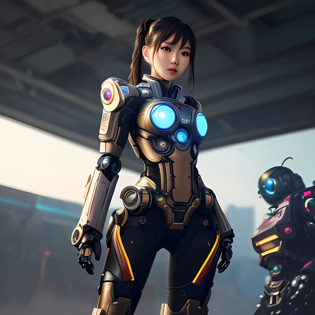 (Height detail: 1.2), (Best quality: 1.2), (Detail: 1.3), (Subsurface scatter: 1.1), (Asian female), ((Exposed mech costume)), (Cyberpunk), Slim waist line and hip shape, (Posture in motion)