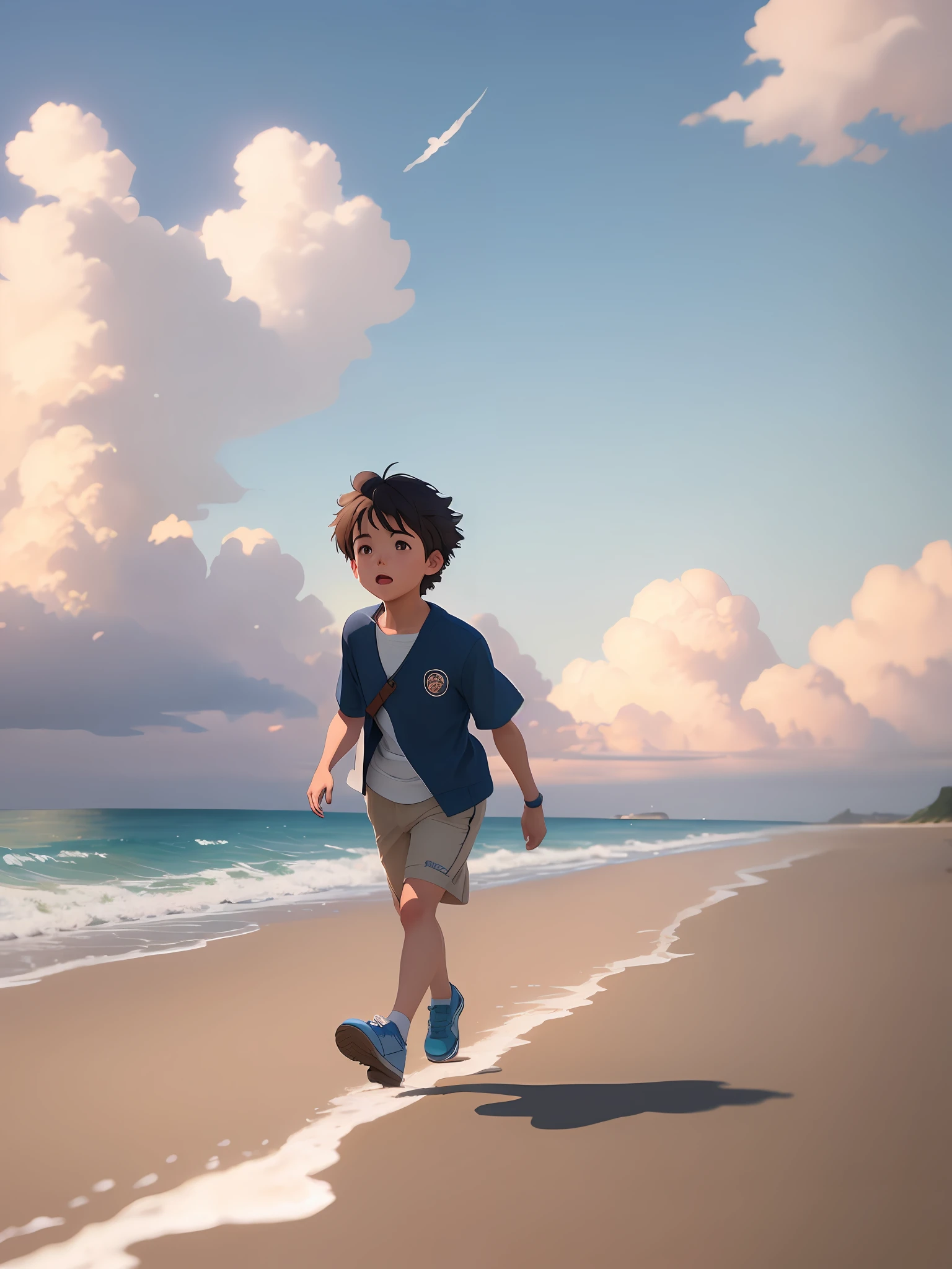 there is a young boy running on the beach with a frisbee, ghibli. octane render, childrens art in artstation, concept art of single boy, adventure hyper realistic render, makoto shinkai. octane render, photorealistic movie still, animation style render, digitally painted, octane render. by makoto shinkai, digital painting. octane render, adorable digital painting