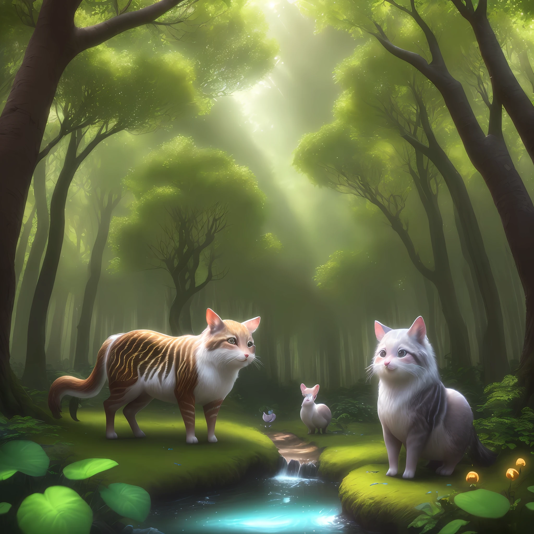 (extremely detailed, ultra-realistic, stunning 3D artwork, masterfully crafted forest scene), bright and magical, (charming creatures in harmony, curious and joyful animals), happy and playful atmosphere, full of wonder and enchantment, lush and vibrant flora, (rich and detailed textures, dynamic lighting), realism and immeasurable beauty.