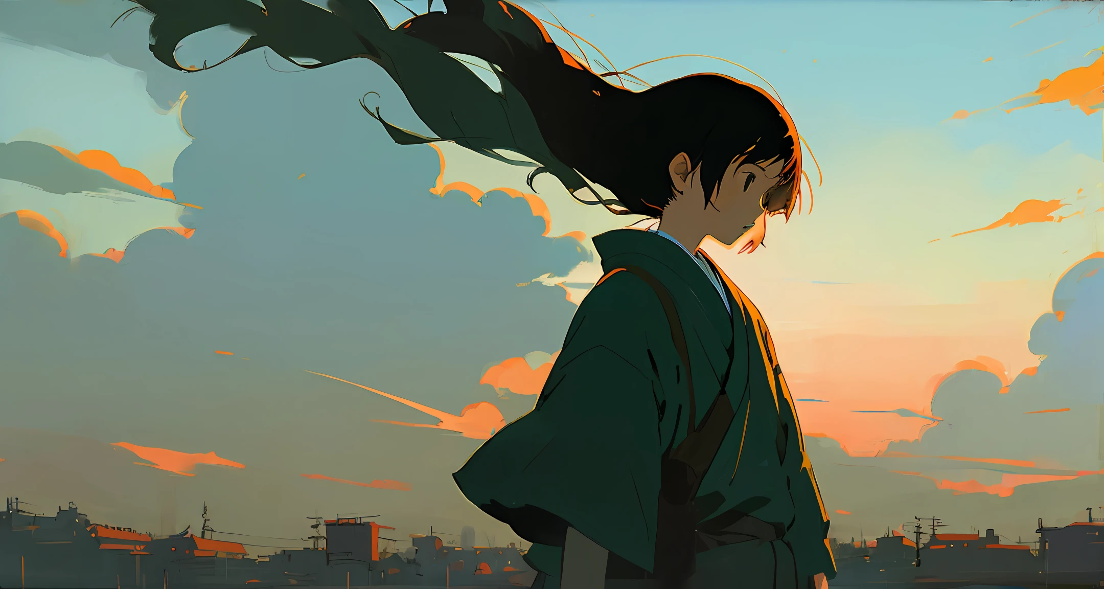 A girl with Miyazaki's painting style blowing the evening breeze