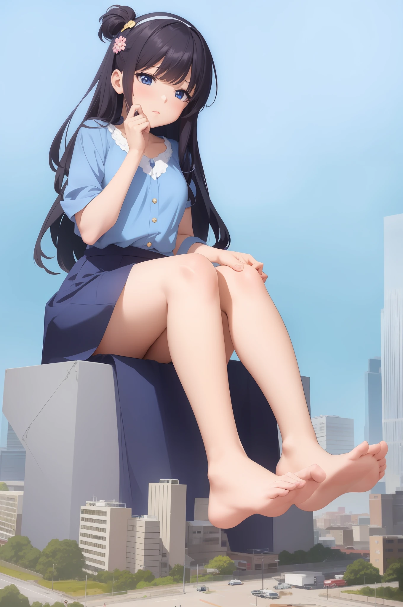 anime girl sitting on a ledge in a city with a cityscape in the background, giantess art, beautiful anime girl squatting, anime moe artstyle, smooth anime cg art, marin kitagawa fanart, clean detailed anime art, anime full body illustration, small curvy loli, high heels. anime style at pixiv, the anime girl is crouching