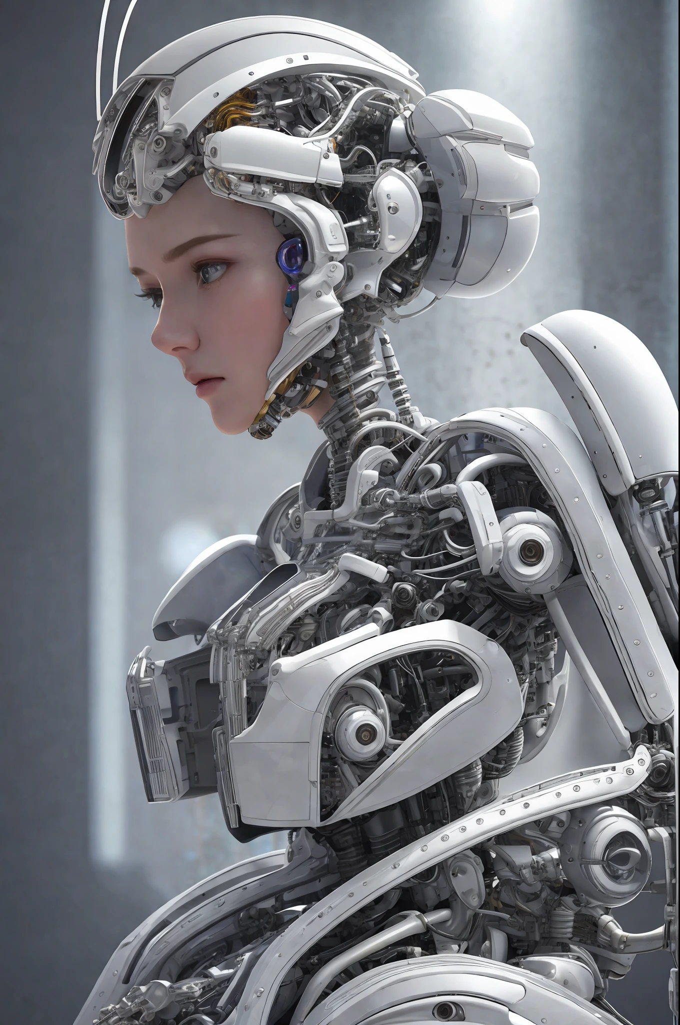 complex 3d render ultra detailed of a beautiful porcelain profile woman android face, cyborg, robotic parts, 150 mm, beautiful studio soft light, rim light, vibrant details, luxurious cyberpunk, lace, hyperrealistic, anatomical, facial muscles, cable electric wires, microchip, elegant, beautiful background, octane render, H. R. Giger style, 8k, best quality, masterpiece, illustration, an extremely delicate and beautiful, extremely detailed ,CG ,unity ,wallpaper, (realistic, photo-realistic:1.37),Amazing, finely detail, masterpiece,best quality,official art, extremely detailed CG unity 8k wallpaper, absurdres, incredibly absurdres, , robot, silver halmet, full body, sitting