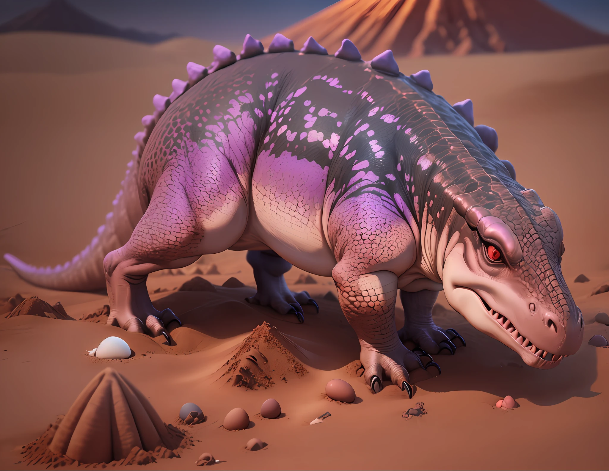 closeup photograph of 1 cute dinosaur , ((((soil))) , two eggs are on the ground, the sky red and violet, there are volcanoes on the horizon and they pour smoke, golden hour, hyper-realistic, detailed,