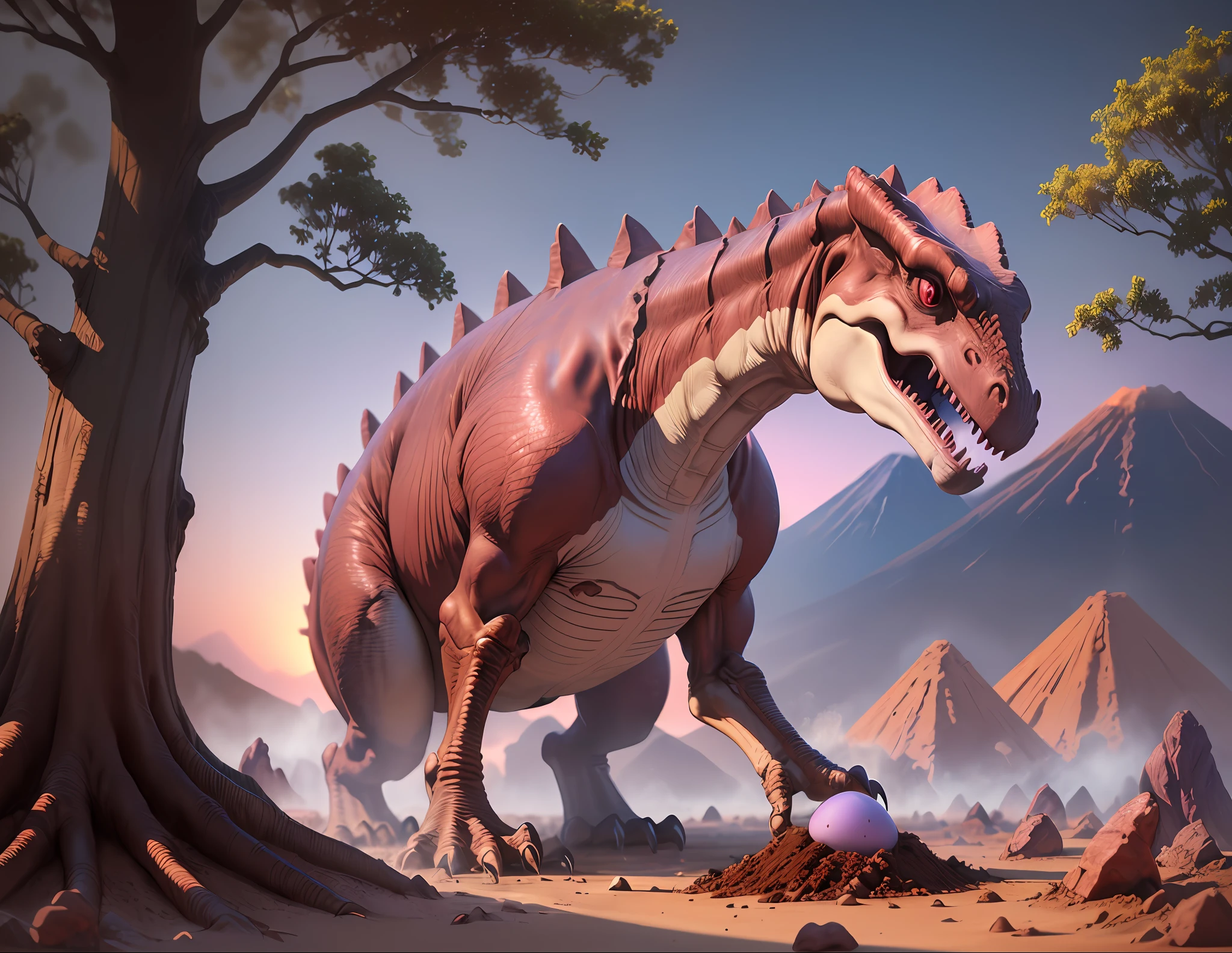 closeup photograph of 1 cute dinosaur, skinny, ((((soil))) , two eggs are on the ground, the sky red and violet, tree trunks on fire, there are volcanoes on the horizon and they pour smoke, golden hour, hyper-realistic, detailed,