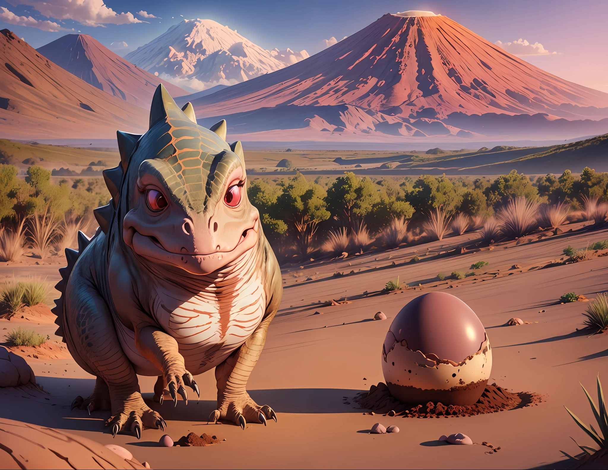 photograph of 1 cute dinosaur , skinny, ((((soil))) , looking at the obervator, trees in the distance, two eggs are on the ground, the sky red and violet, , there are volcanoes on the horizon and pour smoke, golden hour, hyper-realistic, detailed,